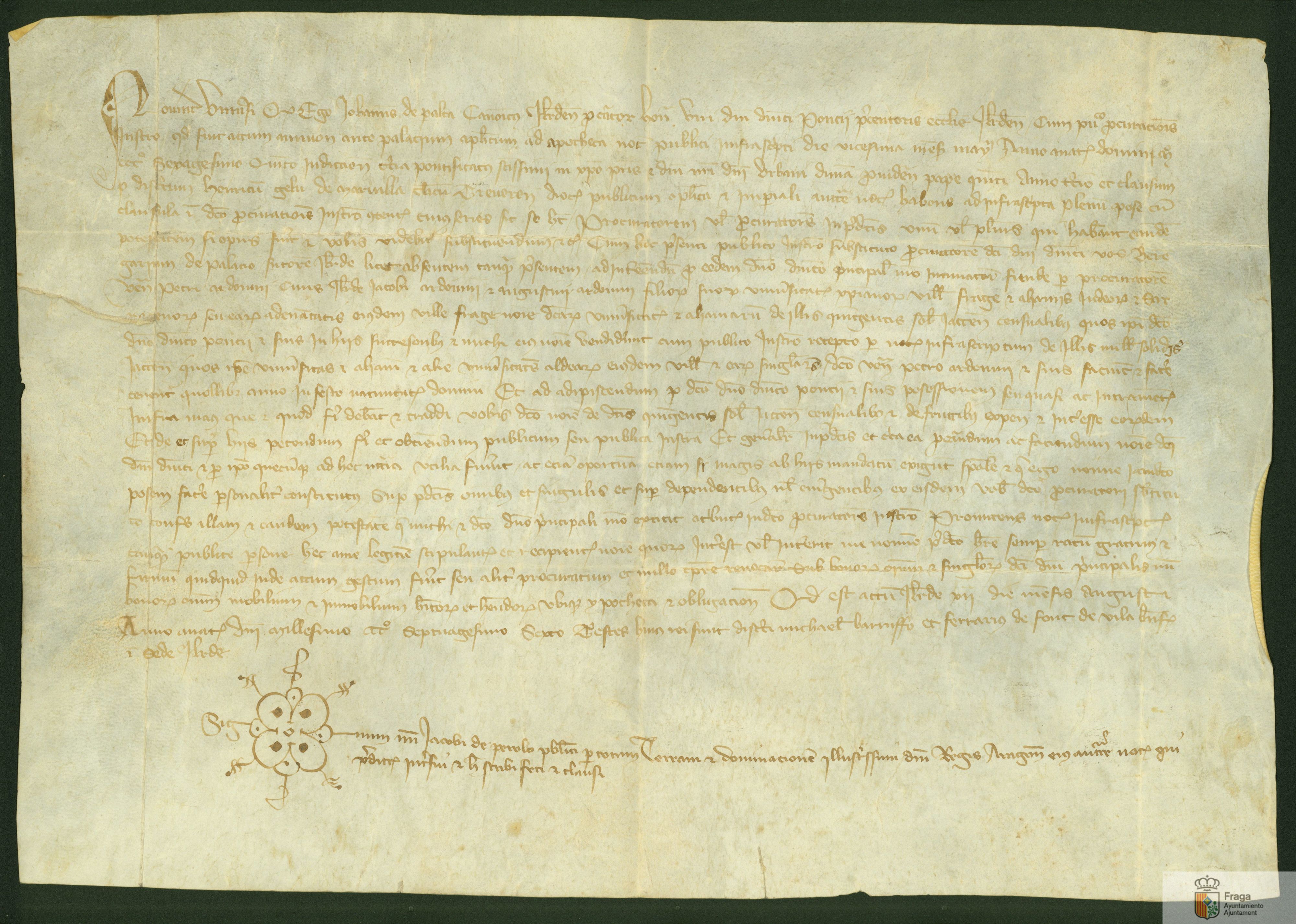 Procura instituida por el canónigo Juan de Peralta, procurador del preborde de Lérida, Domingo Ponz a Berenguer Palau, zapatero, para tomar posesión de un censal de 500 sueldos de pensión que Pedro Arduí, ciudadano de Lérida, le vendió, que tenía sobre la villa de Fraga.