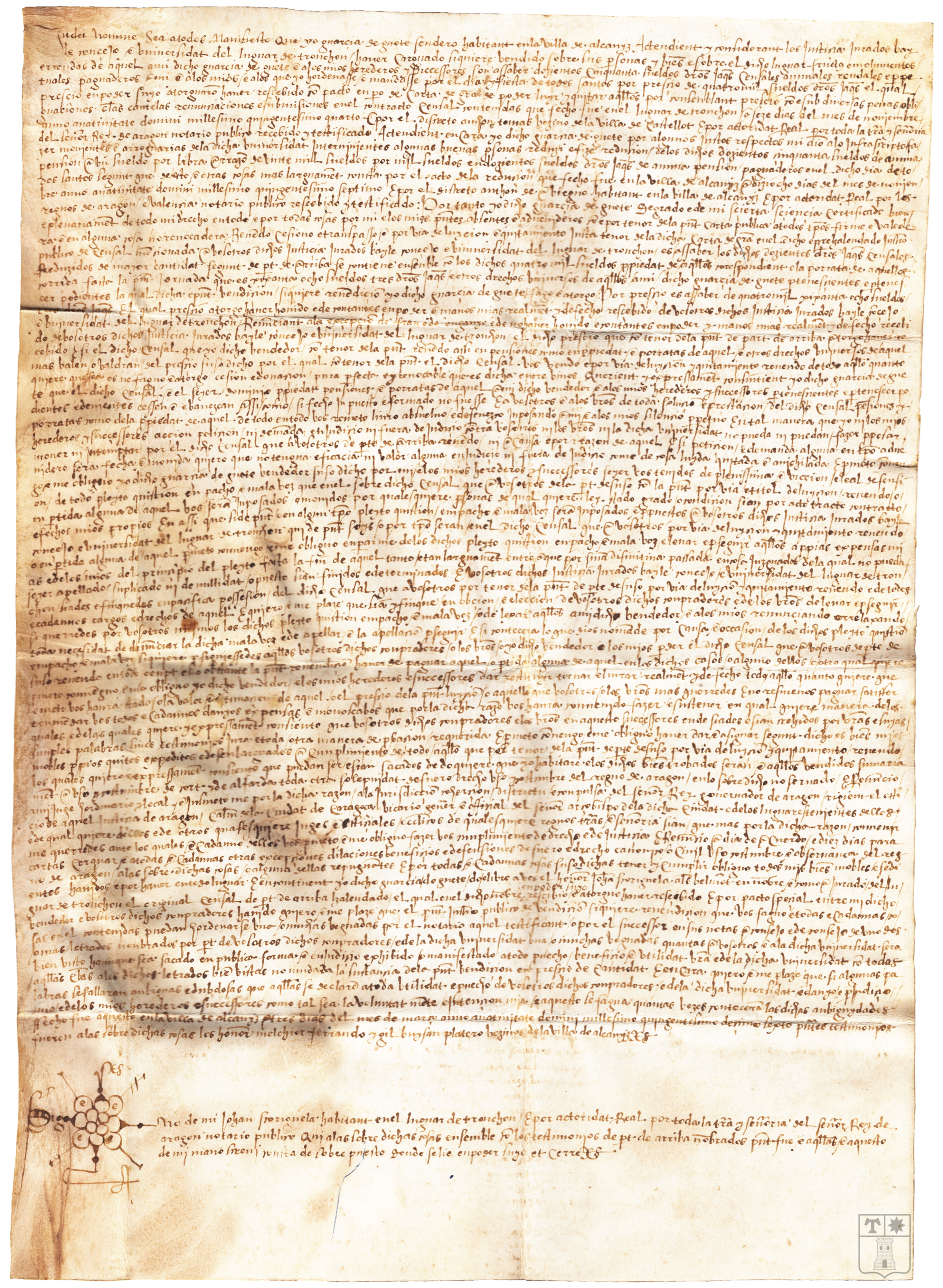 Carta de redención de un censo otorgada por García de Huete, de Alcañiz, a favor del Concejo de Tronchón