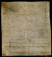 Privilegio del Rey Juan I dirigido al juez de Teruel por el que revoca por ser contrafuero, un privilegio de su padre Pedro IV, dado en Barcelona en 1386 diciembre 22, por el que obligaba a Miguel de España habitante de Allepuz entregar cierta cantidad de pan que allí tenía de la Encomienda de Aliaga y que era propiedad del Maestre de Rodas, al venerable Fray Guillén de Vergés, procurador de dicho Maestre