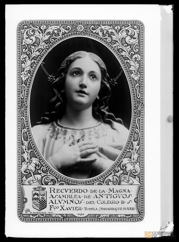 Estampa de la Virgen (obra de N. Martinez). Recuerdo de la Magna Asamblea de Antiguos Alumnos del Colegio de San Francisco Javier de Tudela. Manuel Coyne