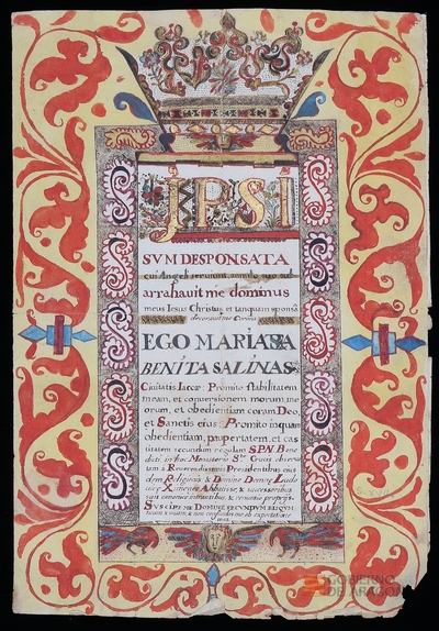 Carta de profesión de María Benita Salinas, de la ciudad de Jaca, en el monasterio de Santa Cruz de Jaca