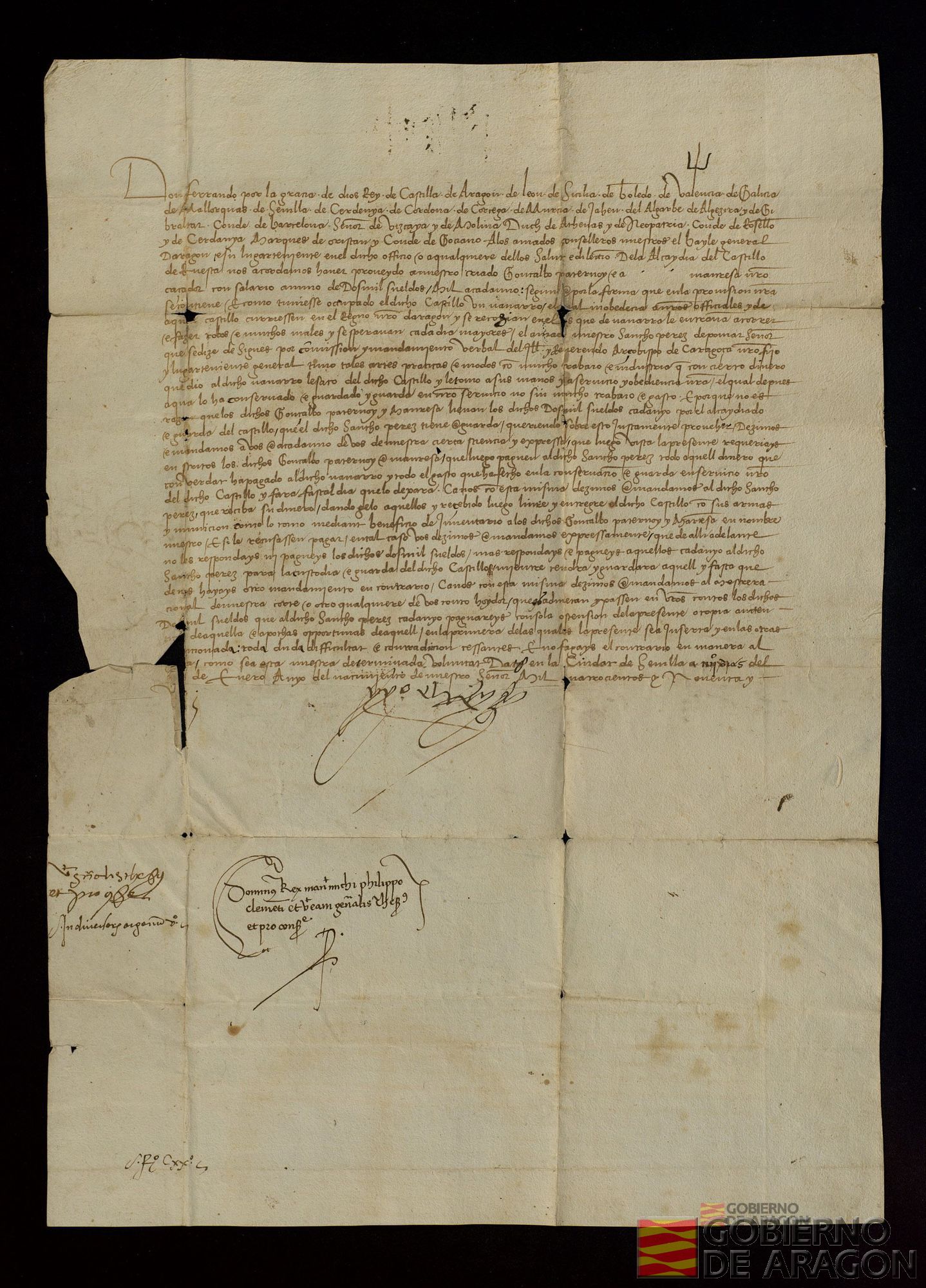 Fernando II manda al Baile General de Aragón, a su lugarteniente y a los consejeros que paguen a Sancho Pérez de Pomar, señor de Sigüés, los 2.000 sueldos jaqueses por el oficio de la alcaidía de Ruesta que recibían hasta entonces Gonzalo de Paternoy y Manresa (?). mantenimiento del castillo de Ruesta.