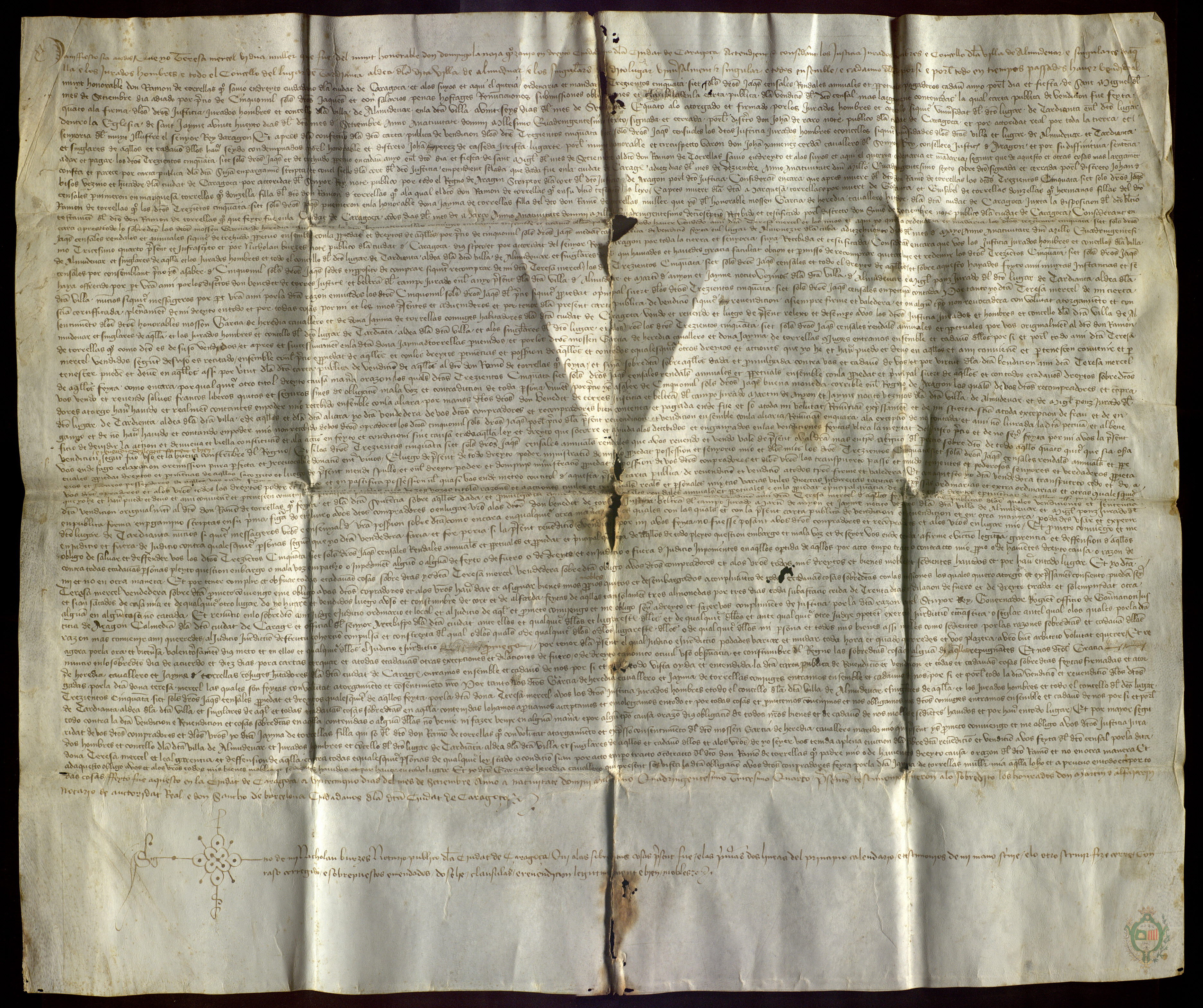 Teresa Mercel, viuda de Domingo de Lanaja, jurista y ciudadano de Zaragoza, otorga al concejo de Almudévar y a su aldea de Tardienta la luición de un censal de 357 sueldos jaqueses de renta anual, por precio de 5.000 sueldos