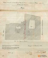 Croquis de la casa número 1 de la calle de la Vírgen del Rosario, con accesorios a la Mayor, propia de Don Joaquín de Larrainza. Planta. Firmado por José de Yarza y M. Utrilla, arquitectos