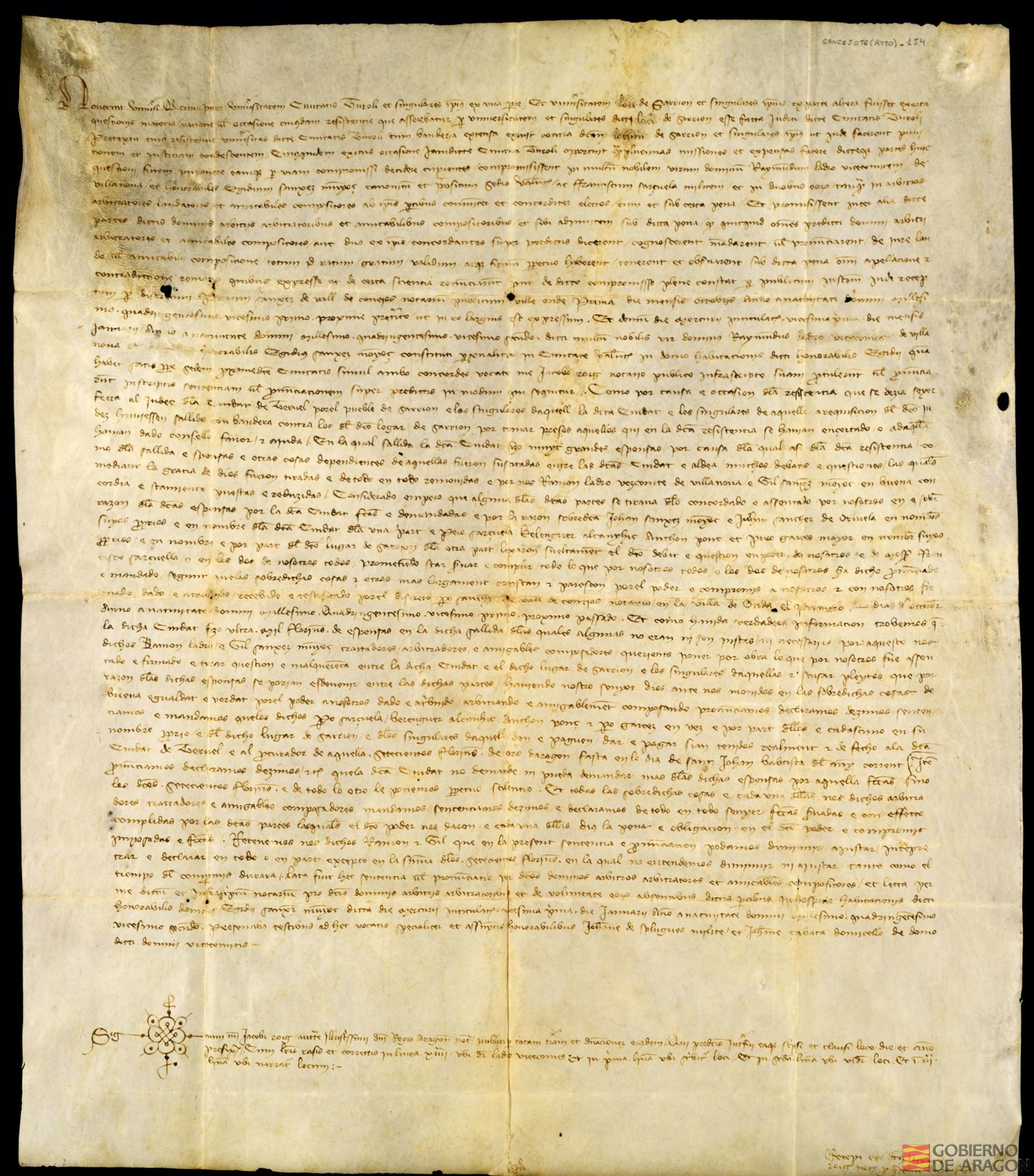 Sentencia dada por Raimundo Ladrón, vizconde de Vilanova, Gil Sánchez Muñoz canónigo de Valencia y Francisco Zarzuela, sobre los gastos habidos por Teruel cuando fue a Sarrión por desobediencia de esta villa al juez de Teruel