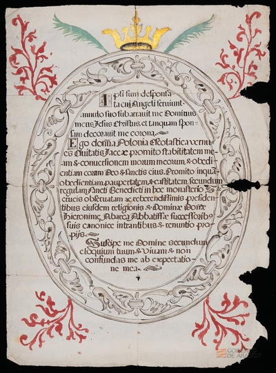 Carta de profesión de Apolonia Escolástica Bernués, de la ciudad de Jaca, en el monasterio de Santa Cruz de Jaca