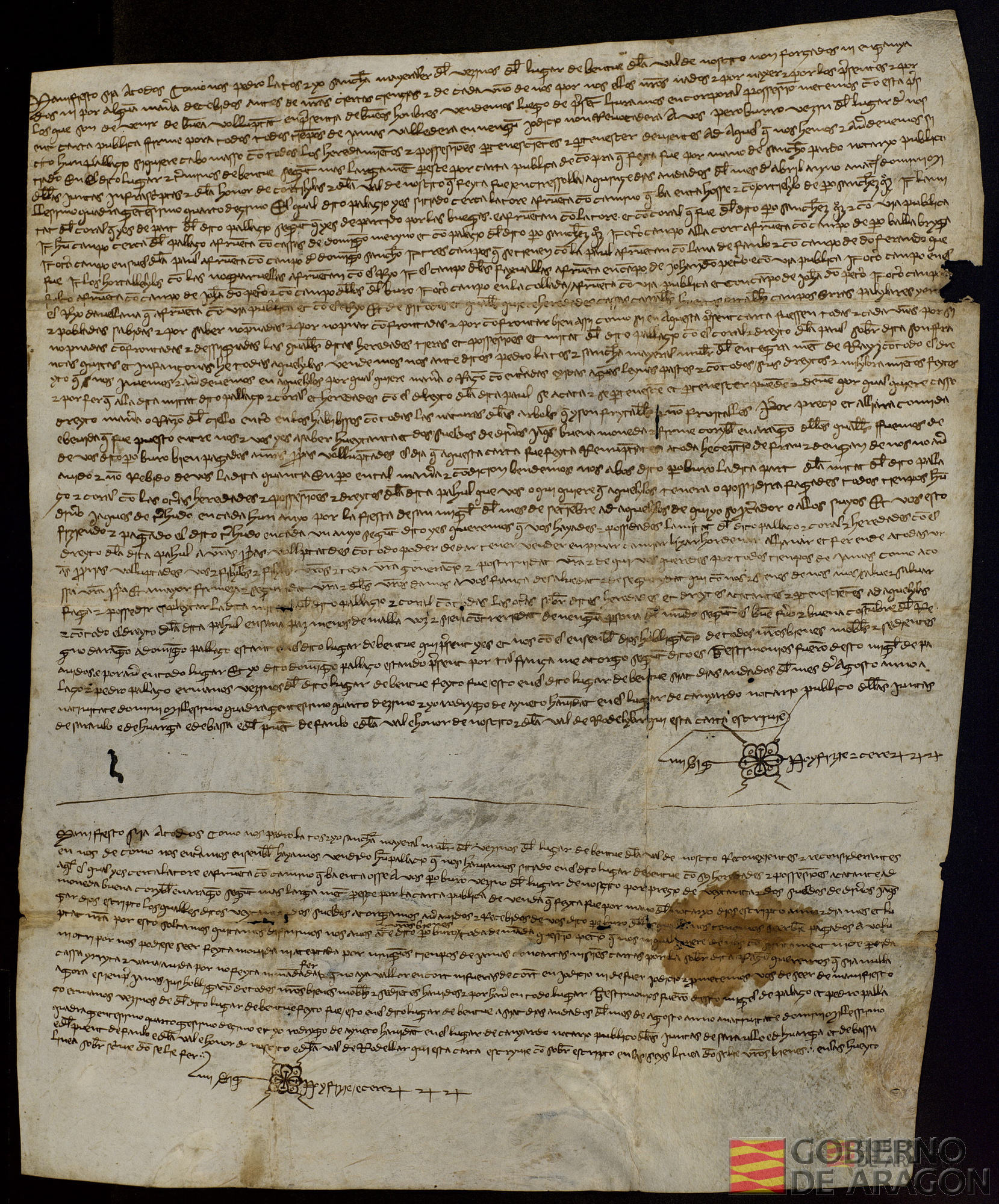 Carta de venta de Pedro Latos y Sancha Mayoral, su mujer, del palacio de Bentué a favor de Pedro Burro, vecino del lugar de Nocito, por precio de ochenta y dos sueldos jaqueses. Acompaña el reconocimiento de haber recibido los dichos sueldos