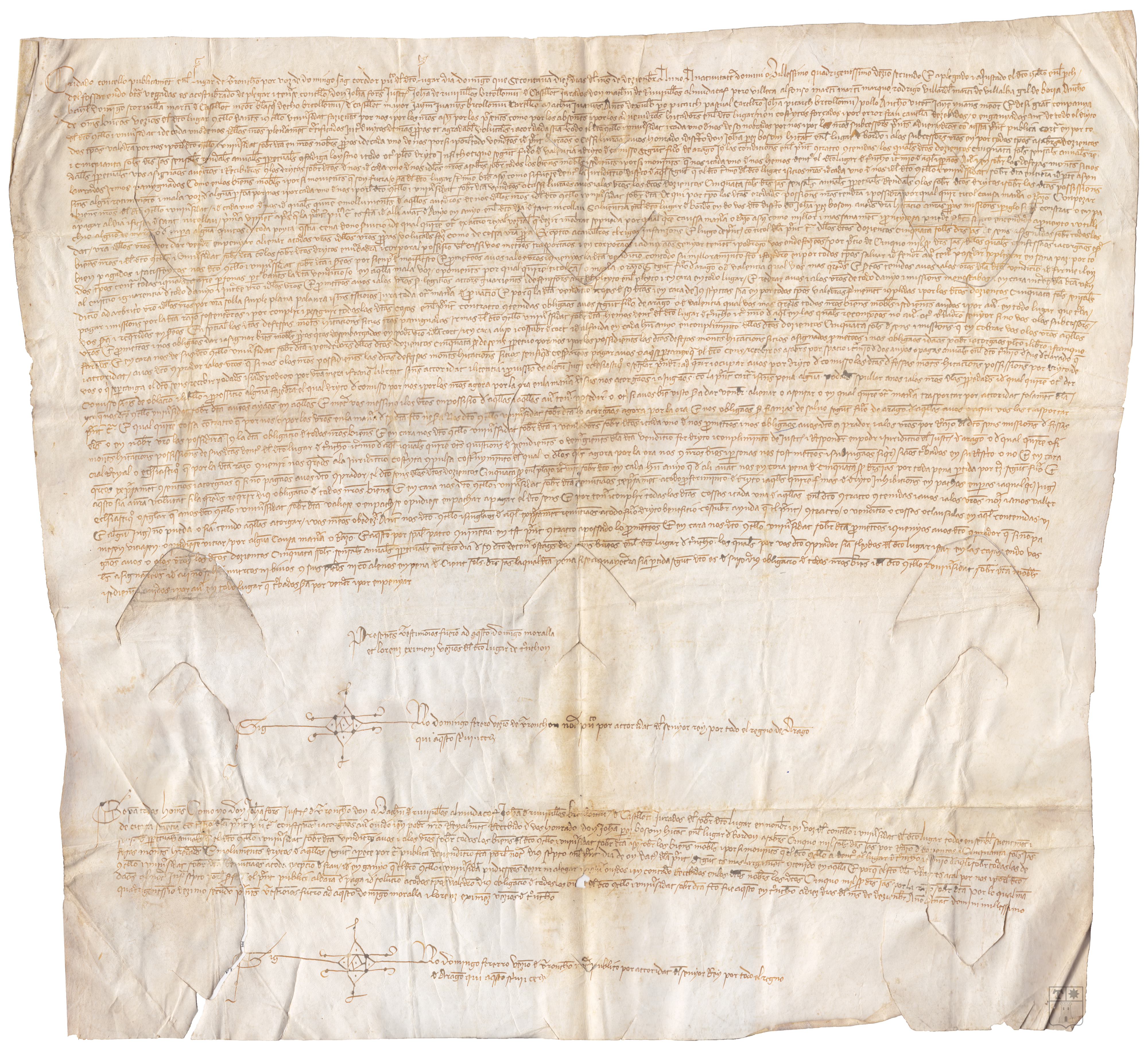 Carta de venta y albarán de un censo de 250 sueldos jaqueses, según fuero de Valencia otorgado por el Concejo de Tronchón a Juan Pérez Basanz, de Bordón