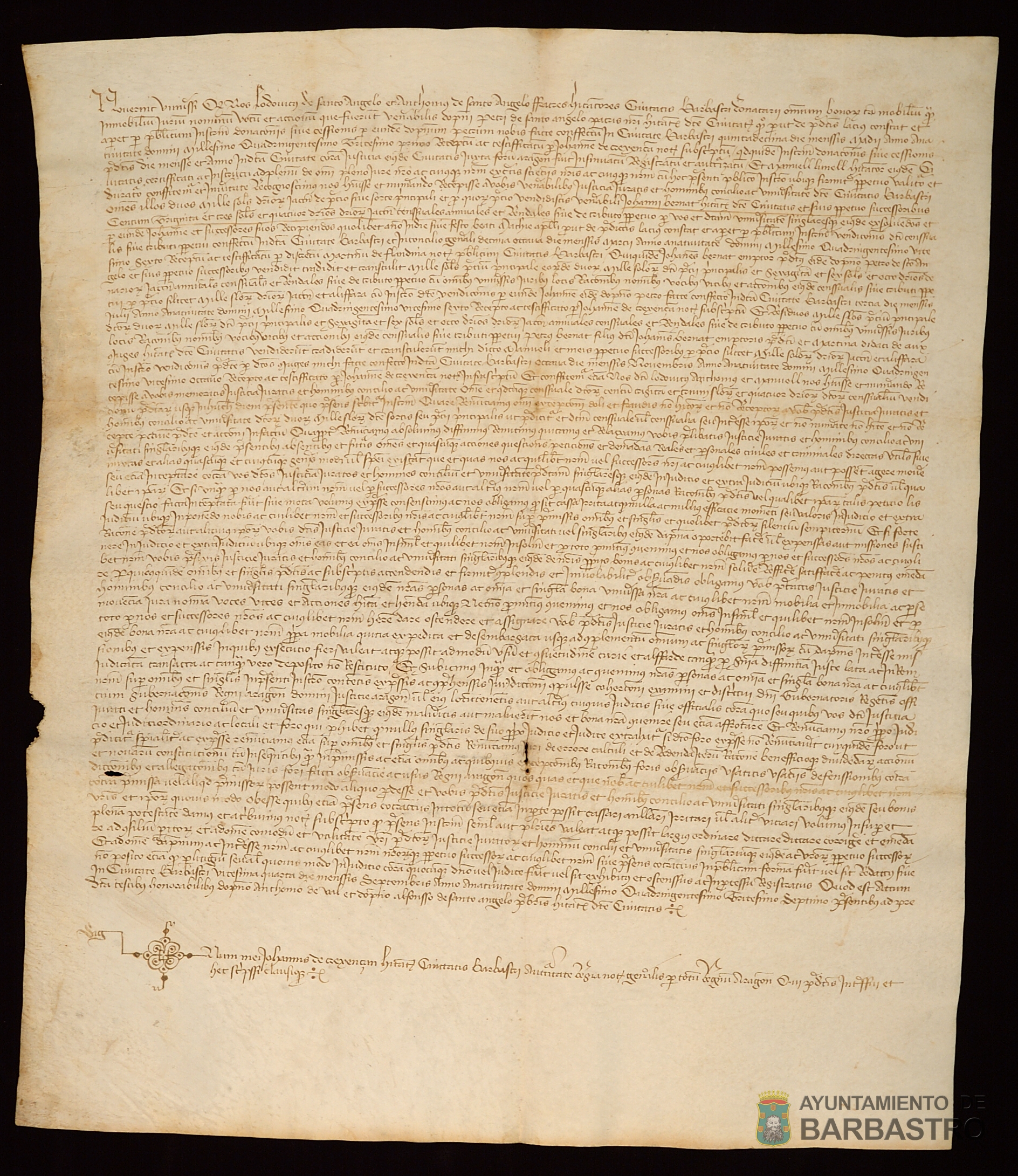 Luis y Antonio de Santangel, vecinos de Barbastro, como herederos de su padre Pedro de Santangel reciben del Concejo de Barbastro los 2000 sueldos jaqueses de propiedad de un censo de 133 sueldos y 4 dineros jaqueses vendido por el Concejo a Juan Bernat