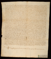 Luis y Antonio de Santangel, vecinos de Barbastro, como herederos de su padre Pedro de Santangel reciben del Concejo de Barbastro los 2000 sueldos jaqueses de propiedad de un censo de 133 sueldos y 4 dineros jaqueses vendido por el Concejo a Juan Bernat