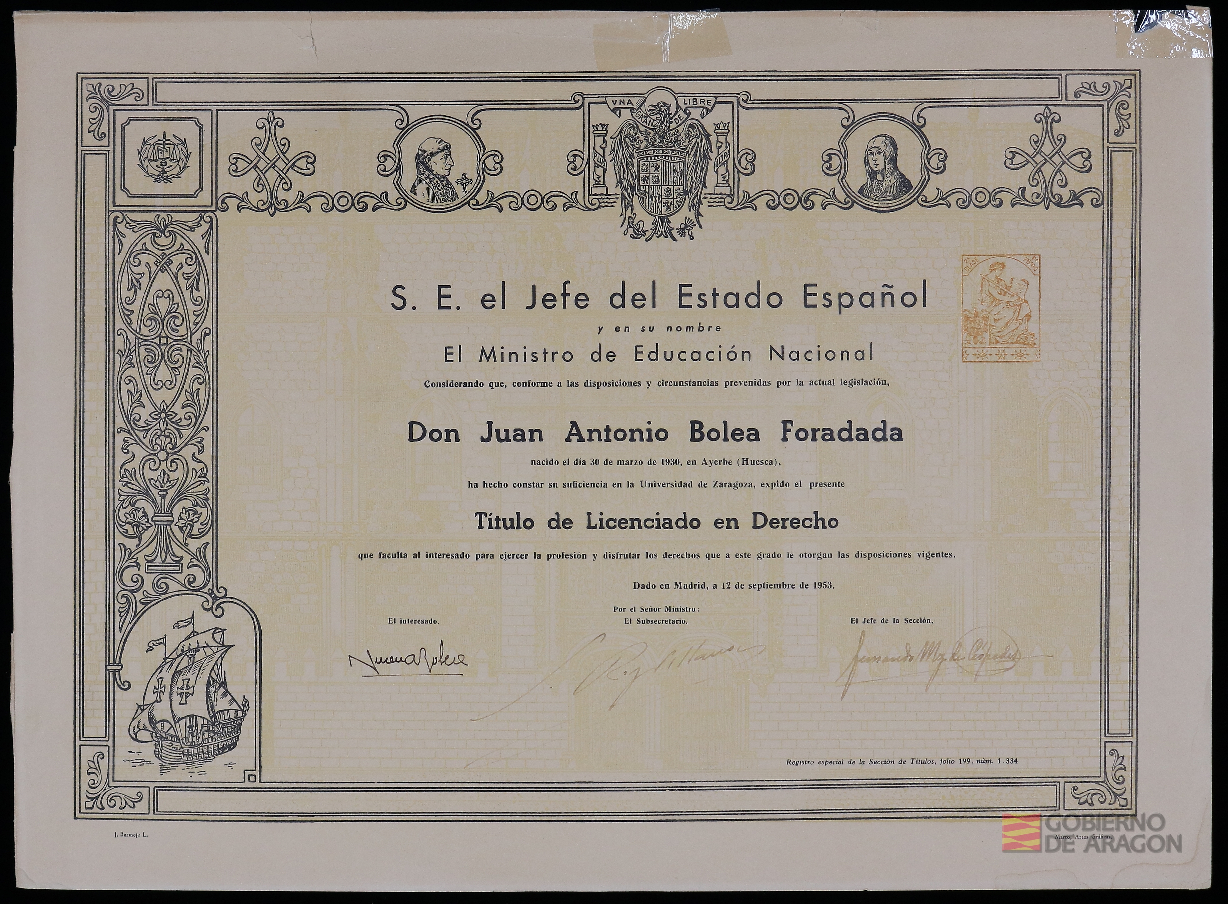 "Título de Licenciado en Derecho" de D. Juan Antonio Bolea Foradada. Universidad de Zaragoza