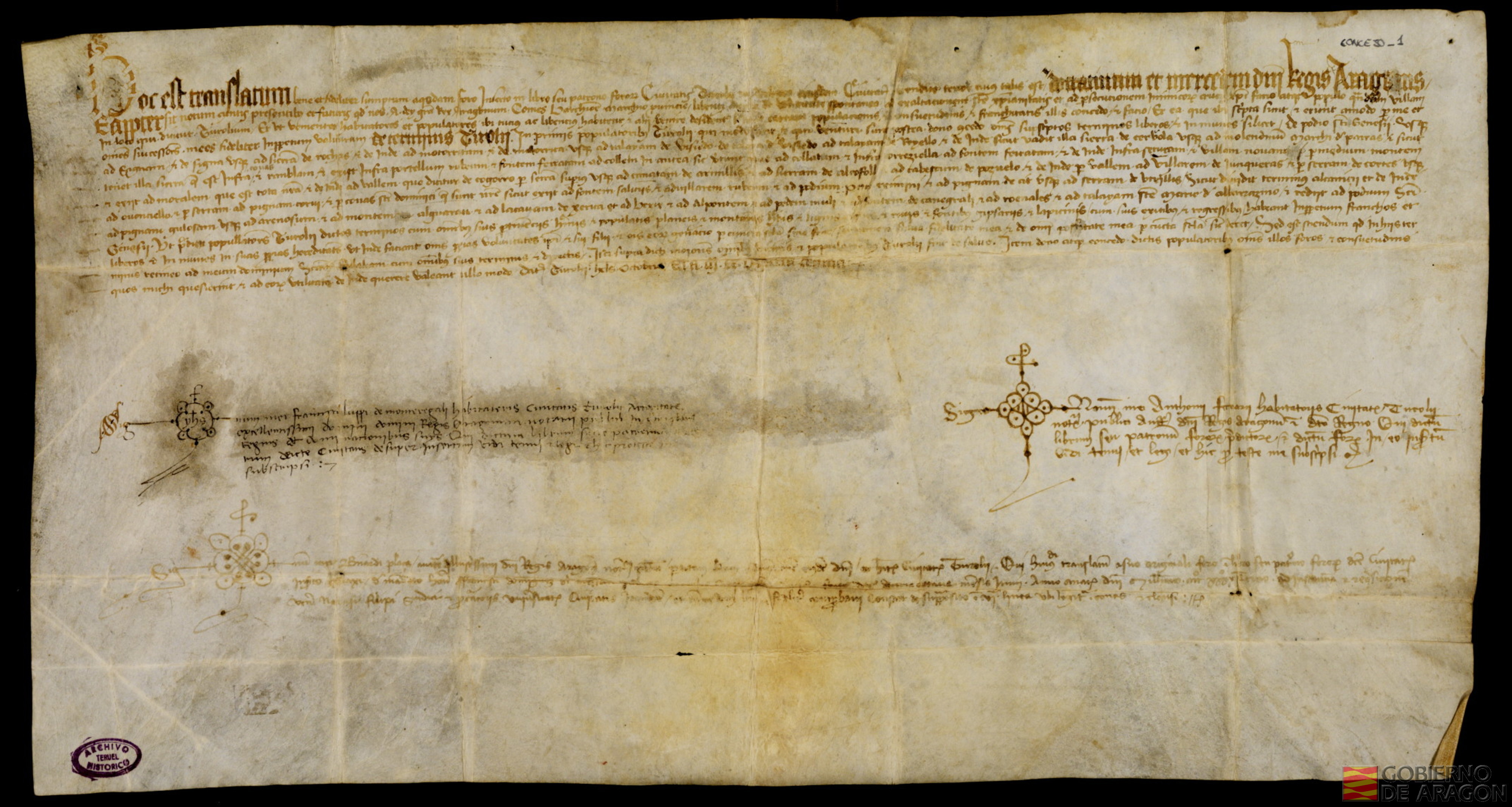 Real privilegio del Rey Alfonso II concediendo a Teruel su Carta de Población, en la que se delimita el territorio de su jurisdicción, tomada como se expresa textualmente "a quedan foro inseto en libro sea patrono fororum"