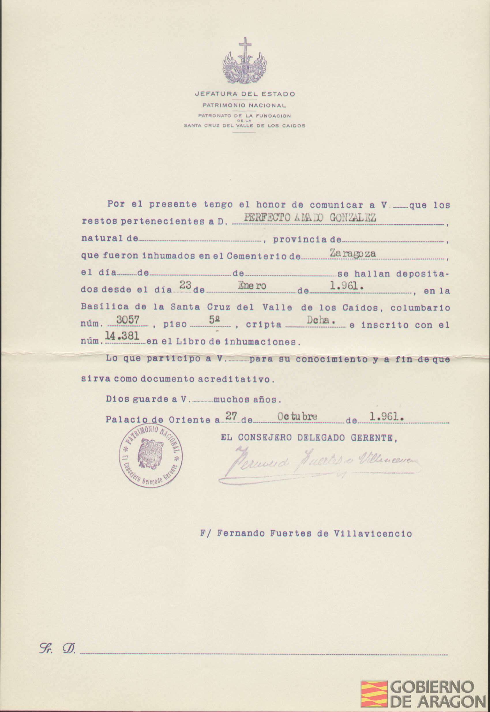 Traslado al Valle de los Caídos de los restos mortales de Perfecto Amado González el día 23 de enero de 1961