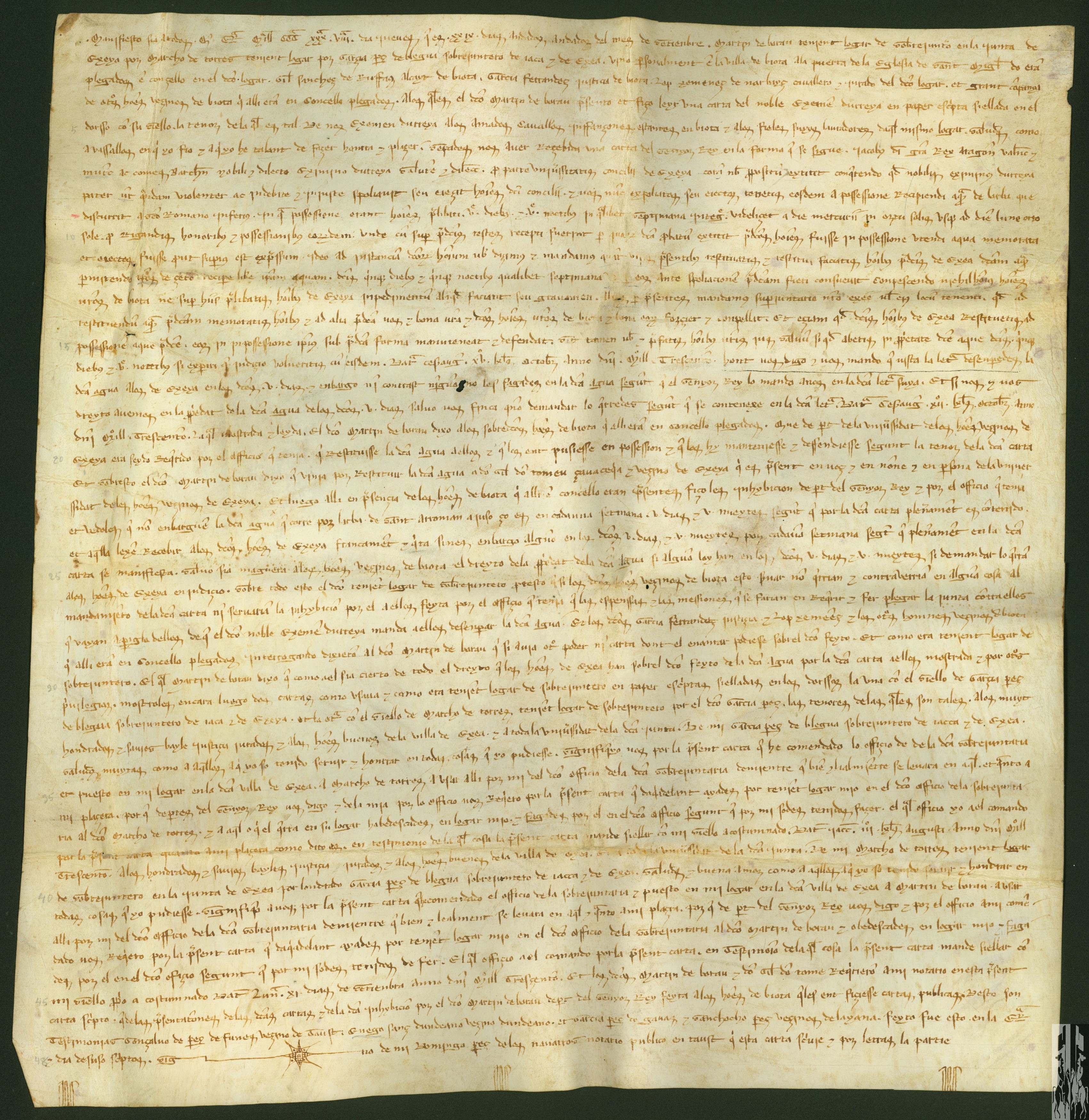 El sobrejuntero de Ejea y Jaca presenta al concejo de Biota una carta de Jimeno de Urrea, señor del pueblo, por la que se les ordena que dejen pasar el agua del Arba de San Román hacia abajo cinco días y cinco noches cada semana.