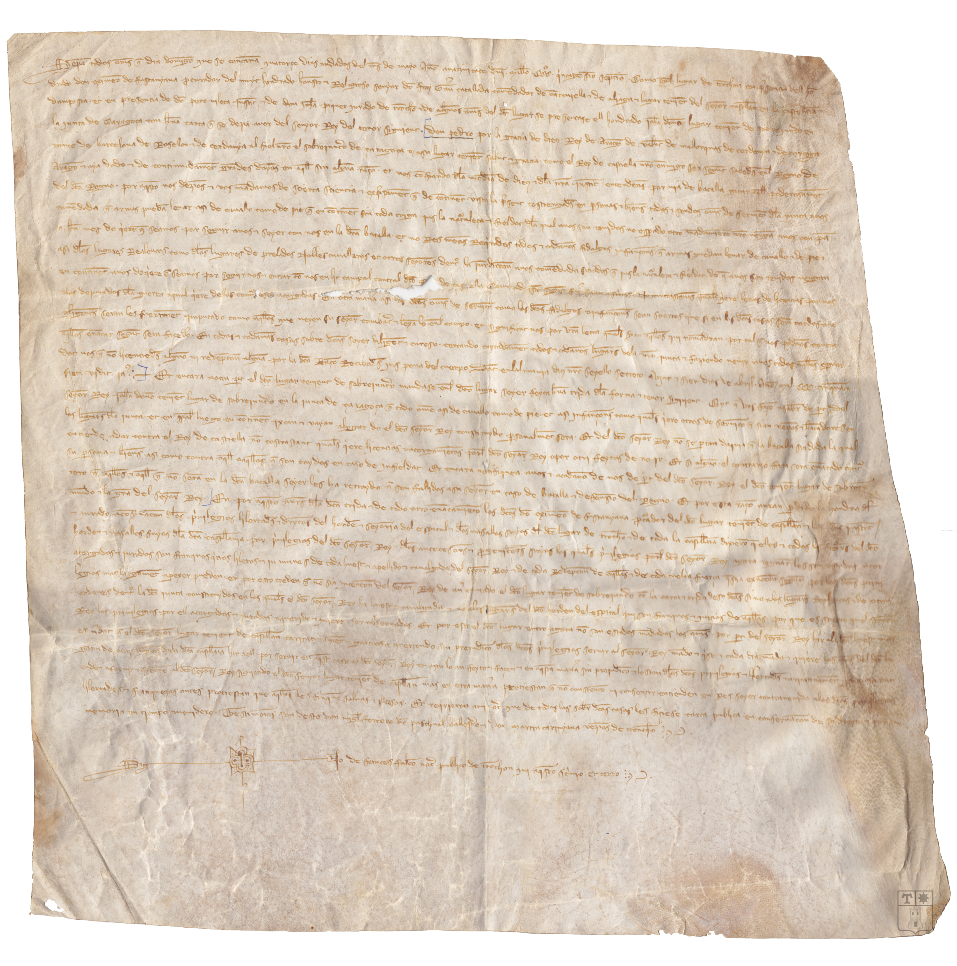 Presentación de cartas reales y llamamiento en nombre del rey Pedro IV por Juan de Obón, lugarteniente, a los lugares de la Junta de Zaragoza para que acudan a la guerra contra los castellanos