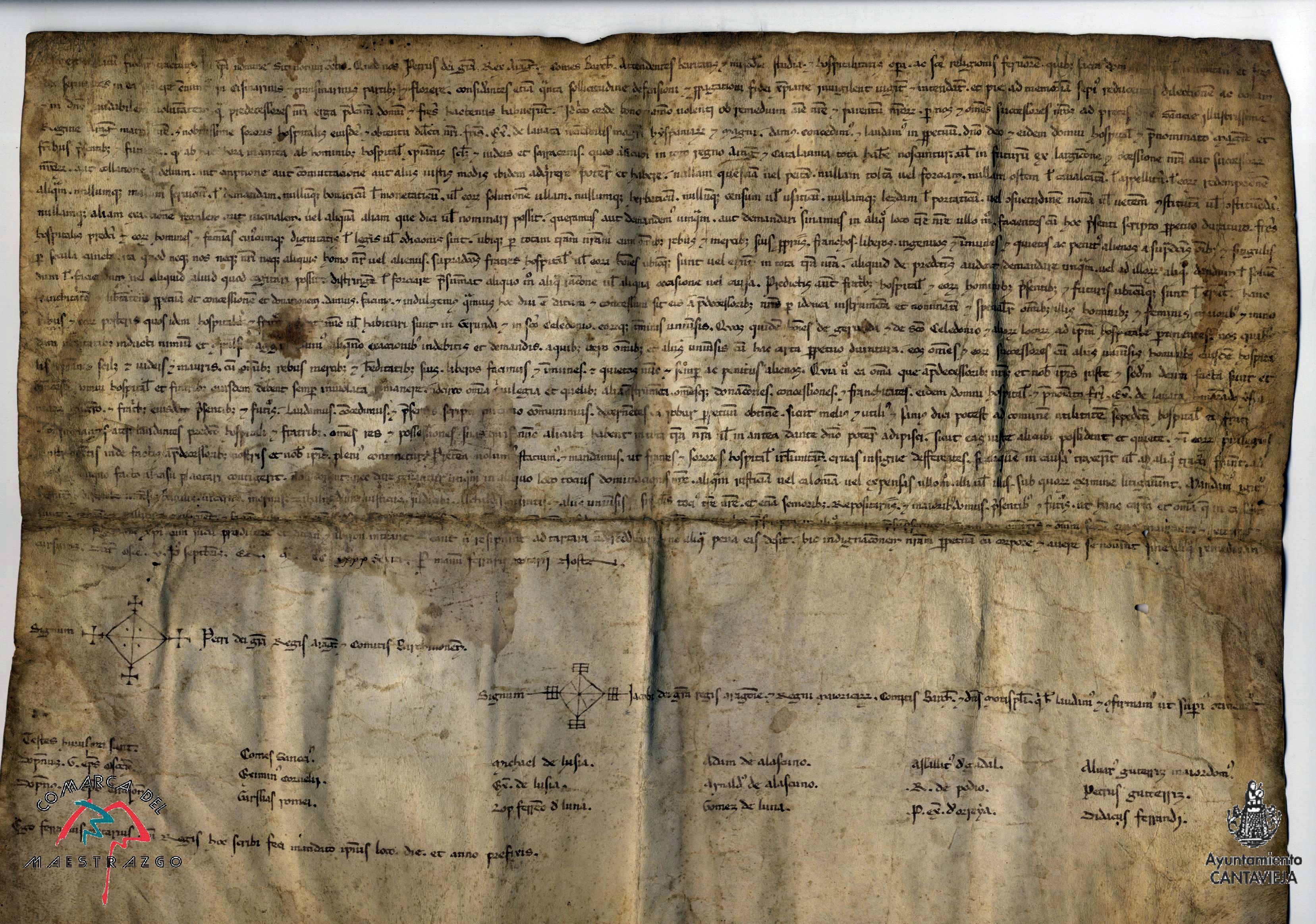 Traslado de un privilegio del Rey Pedro por el que concede franquezas a las tres bailías de Cantavieja, Castellote y Aliaga