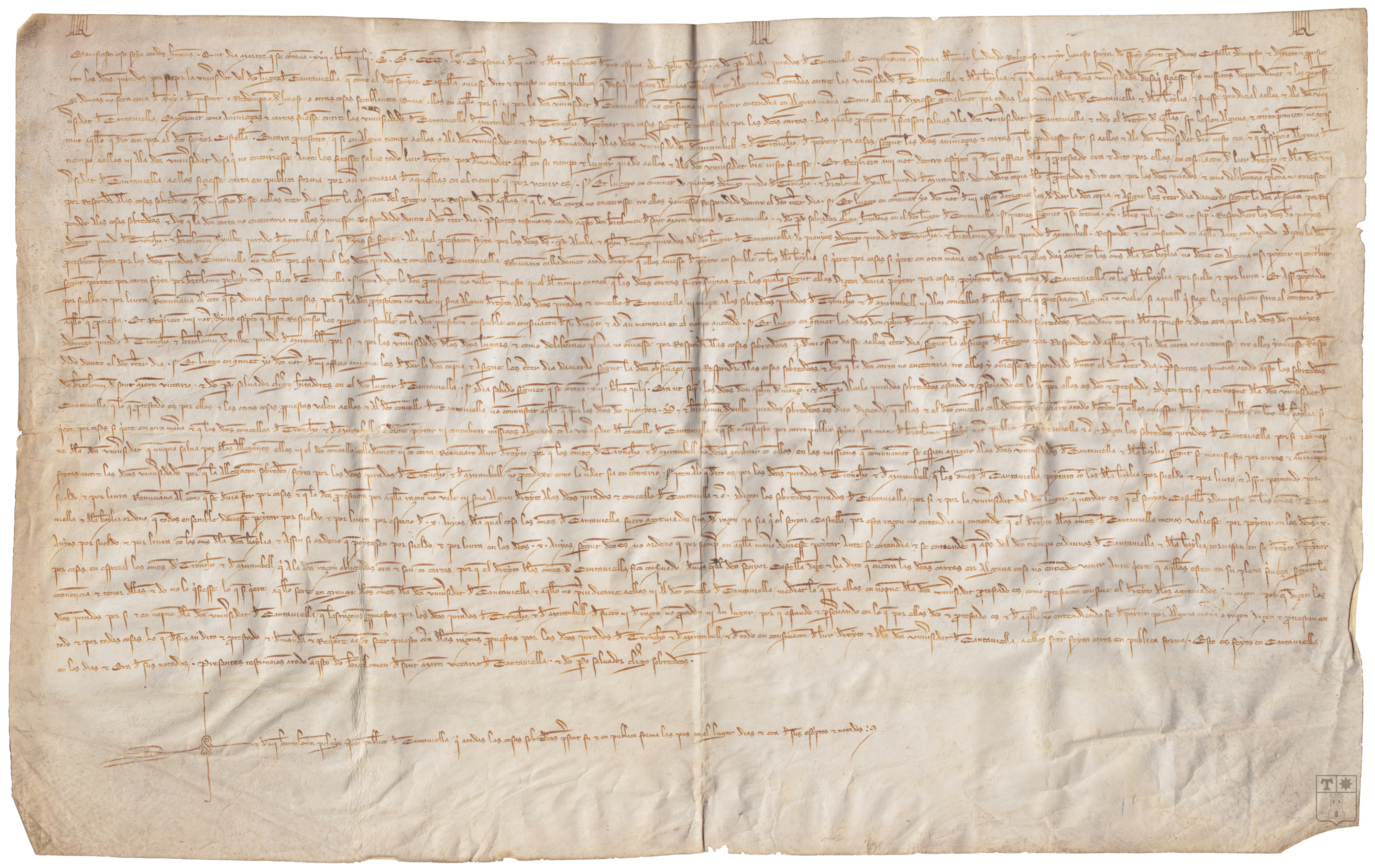 Los representantes de Cantavieja, Tronchón, Mirambel y otros pueblos comparecen ante Martín Pérez de Oros, castellán de Amposta, y protestan por la repartición de pechas