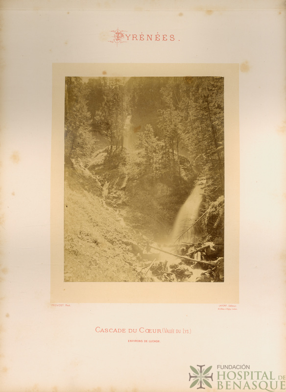 "Pyrénées. Cascade du Coeur (Vallée du Lys). Environs de Luchon. Provost, Phot. Lafont, Éditeur. 40, Allées d'Etigny, Luchon."