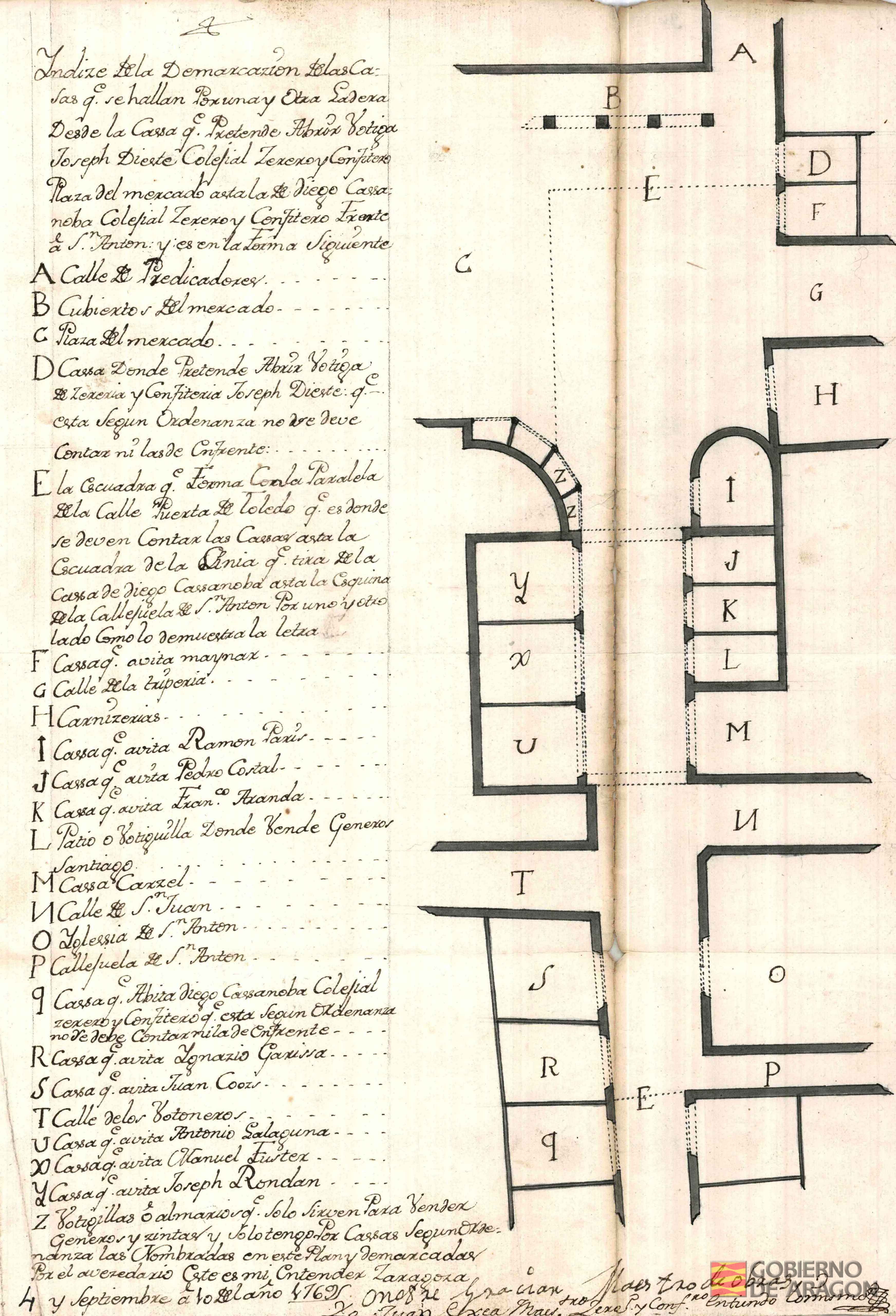 Demarcación de las casas que se hallan por una u otra ladera desde la casa que pretende abrir votiga Joseph Dieste, colejial cerero y confitero, Plaza del Mercado, asta la de Diego Casanoba, colejial, cerero y confitero, frente a San Antón. Firmado por Onofre Gracián, maestro de obras