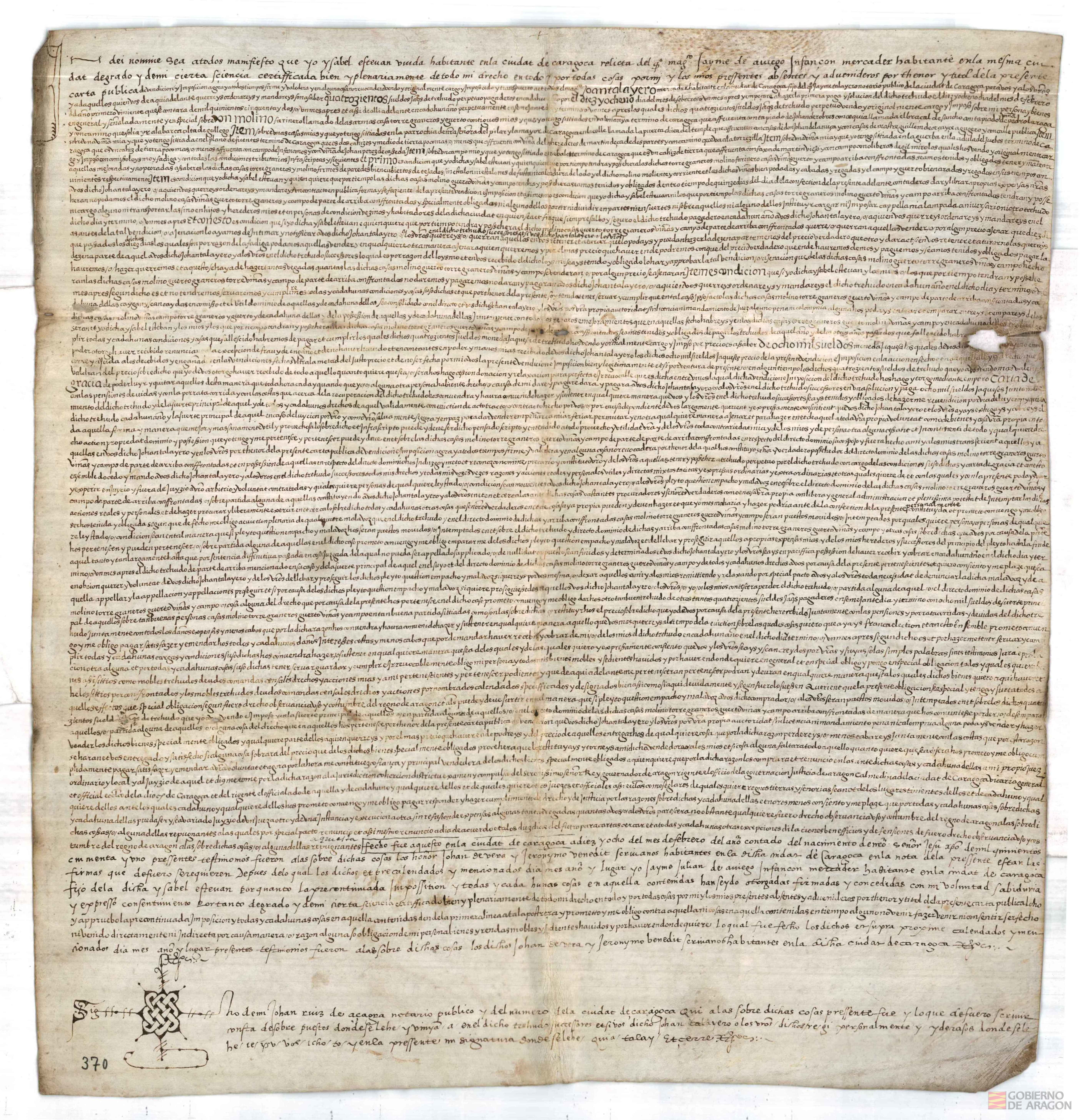 Isabel Esteban, viuda de Jaime de Abiego, infanzón, mercader, vecina de Zaragoza, vende a Juan Talayero, mercader, hijo del notario Jaime Talayero, 400 sueldos jaqueses de treudo perpetuo sobre el molino harinero de las Armas, casa, torre graneros y huerto, sitos en el término de Valimaña, por el precio de 8.000 sueldos.