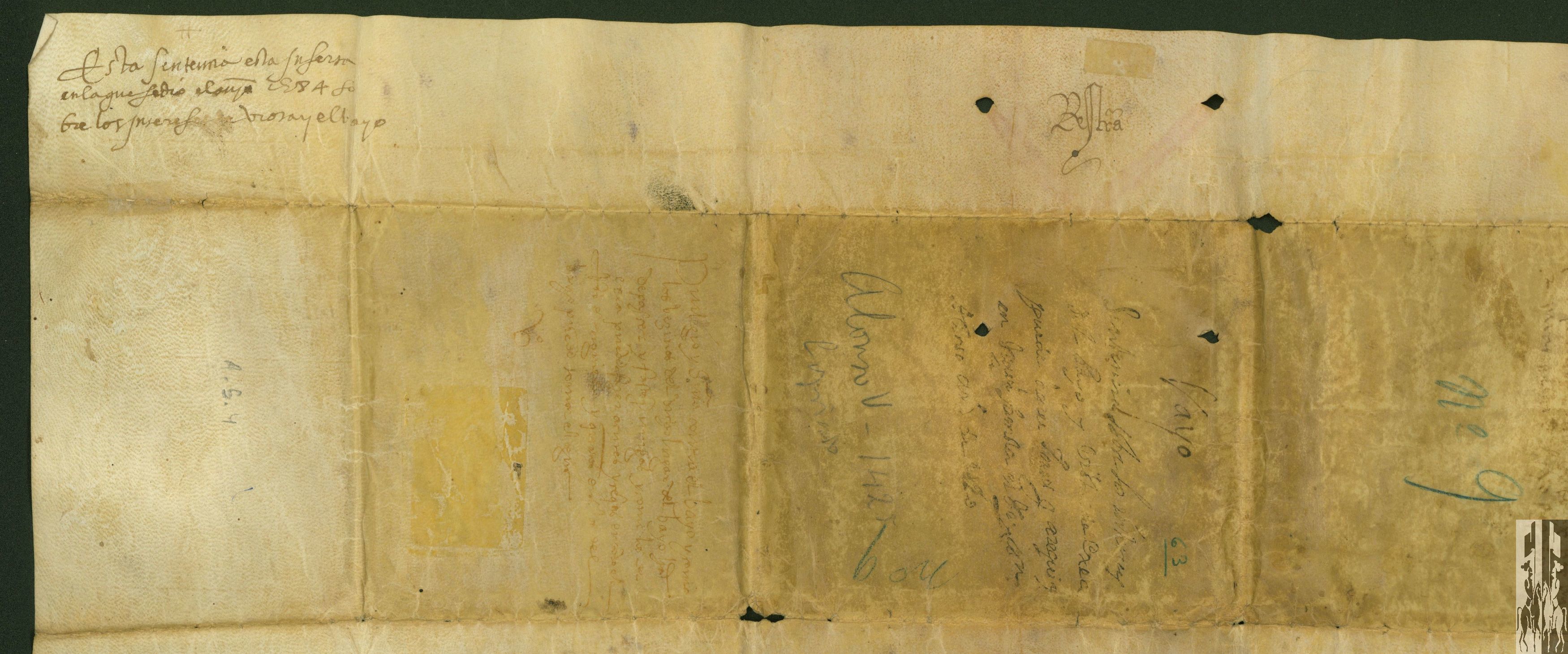 Alonso V, rey de Aragón, dicta una sentencia definitiva en la causa existente entre los concejos de Ejea y El Bayo acerca de los aprovechamientos de las aguas del río Riguel.