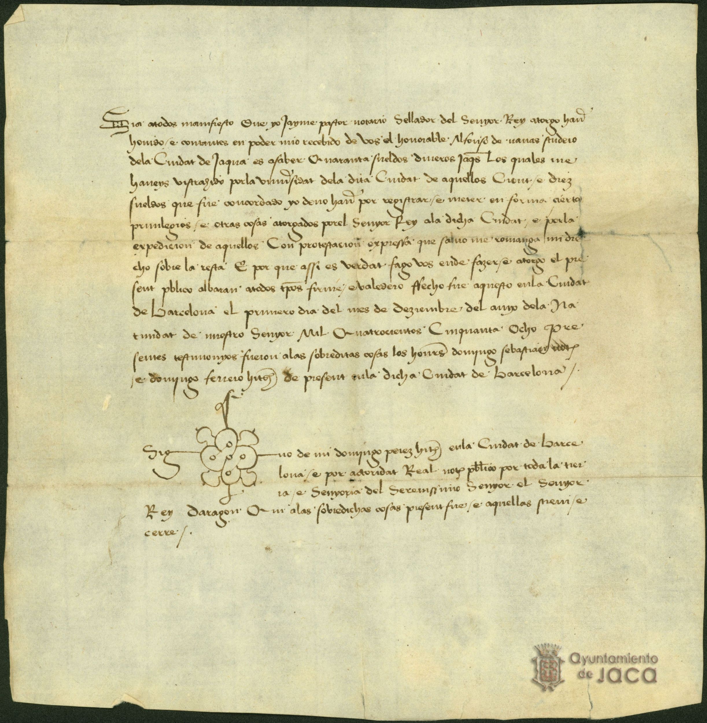 Jaime Pastor, notario del Rey Juan II, hace recibo del pago de 40 sueldos de dineros jaqueses de los 110 sueldos que debía pagar el Concejo de Jaca al Rey por varios privilegios dados a la ciudad