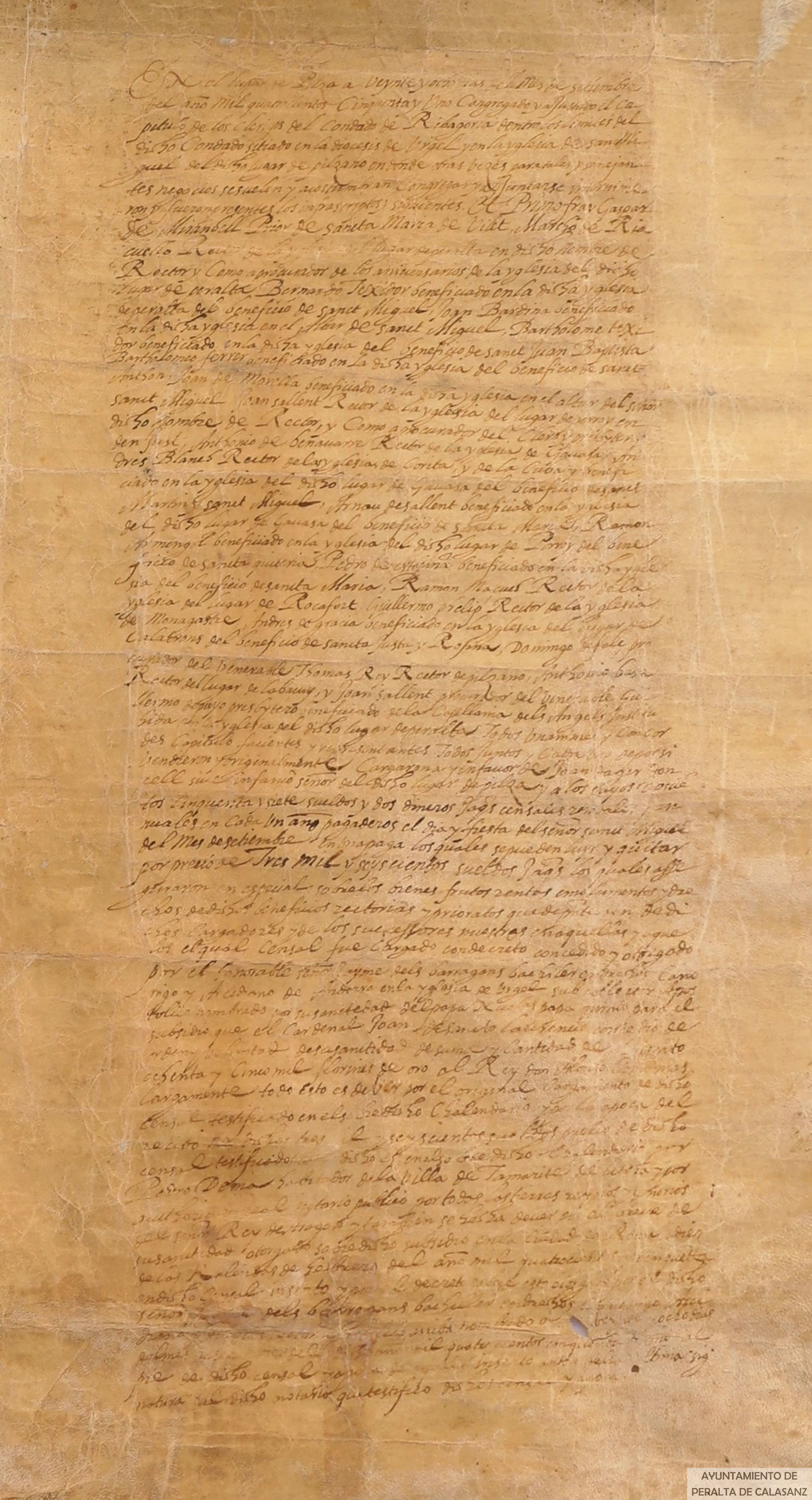 El capítulo de los clérigos de Ribagorza del obispado de Urgell venden a Juan de Áger, doncel de Pilzán, un censal de 257 sueldos y 2 dineros jaqueses anuales, por precio de 3.6000 sueldos.