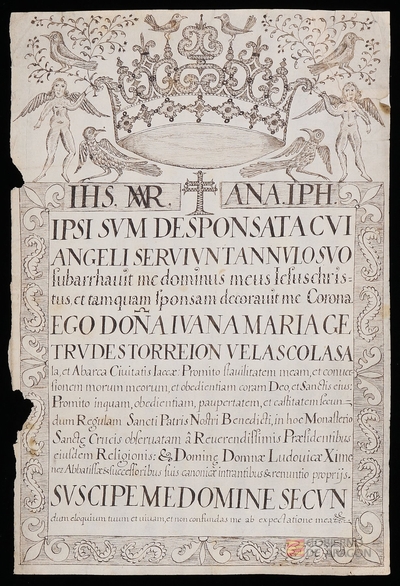 Carta de profesión de Ivana María Gertrudis Torreón Velasco Lasala y Abarca, de la ciudad de Jaca, en el monasterio de Santa Cruz de Jaca