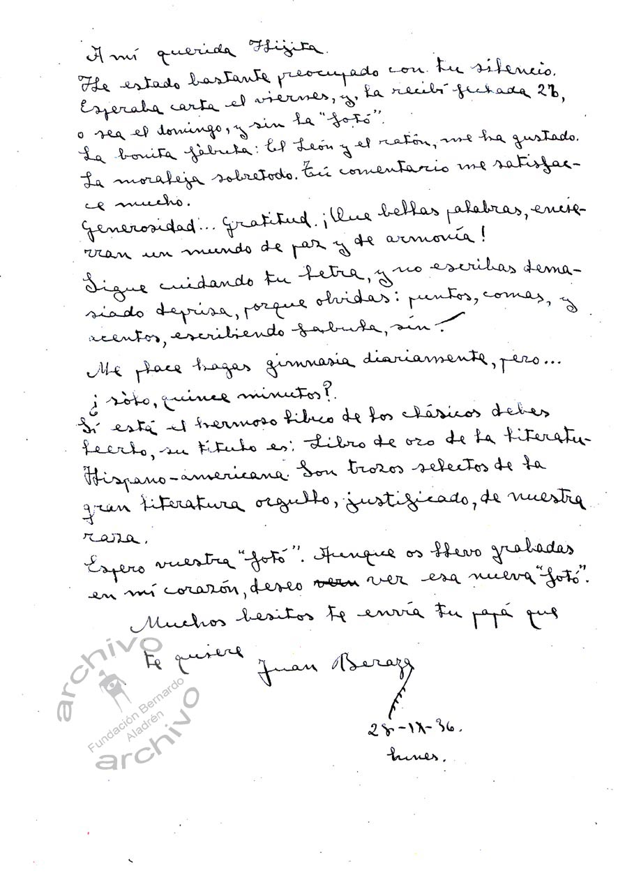 Cartas escritas por Juán Beraza Cortés (Presidente de la Sociedad de Obreros Panaderos de Zaragoza, La Panificadora) desde la Cárcel de Zaragoza en el verano de 1936 tras ser detenido como consecuencia del Golpe de Estado e inicio de la Guerra Civil, dirigidas a su mujer e hija. Describe su situación personal como preso, y ofrece consejos a su pequeña hija. Donadas por Familiares de Juan Beraza gracias a la intermediación de José Butera
