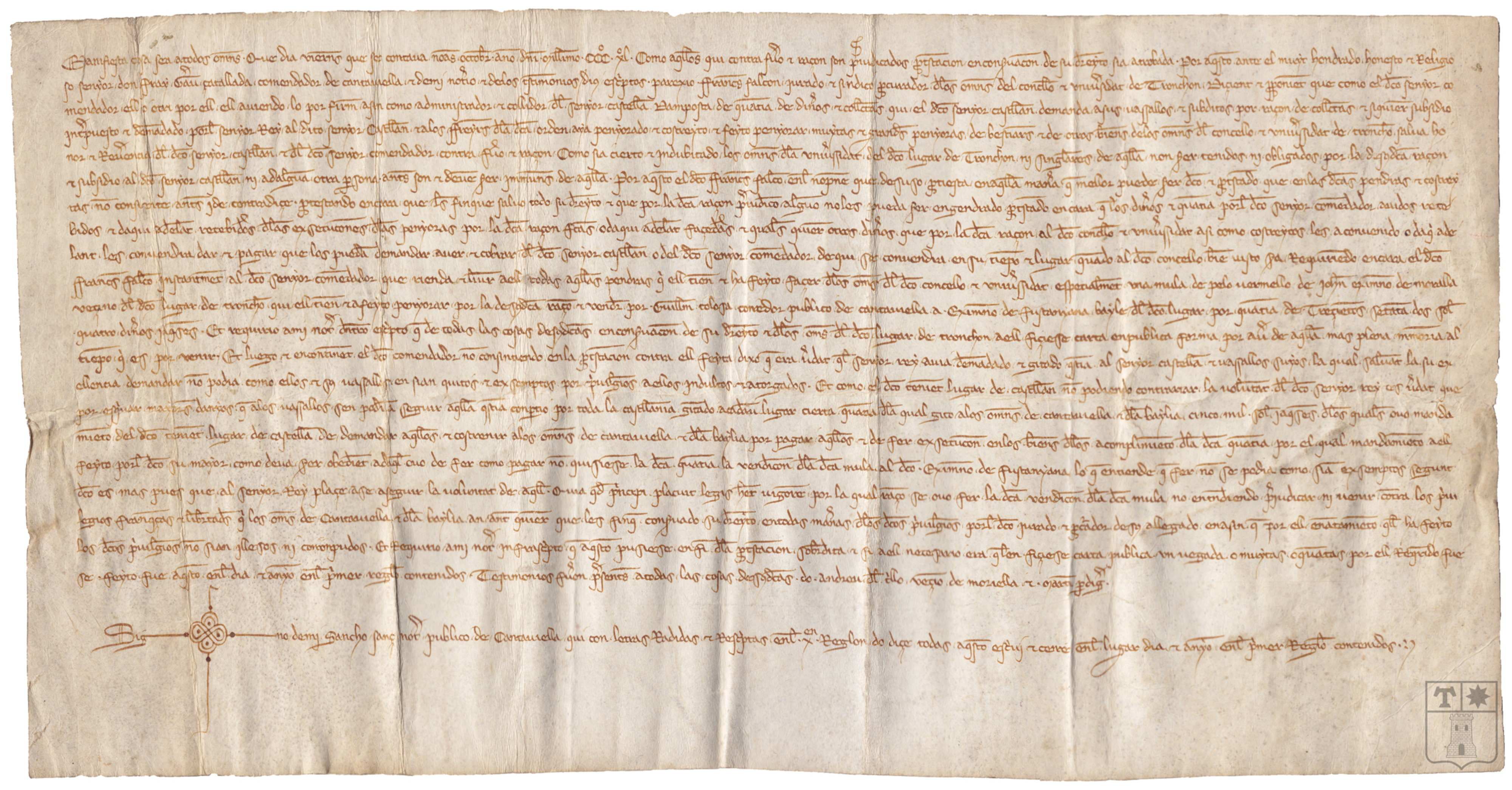 Acta de protesta de Francisco Falcón, a fray Gerau Catallada, comendador de Cantavieja, por razón del subsidio que los Tronchón se niegan a pagar