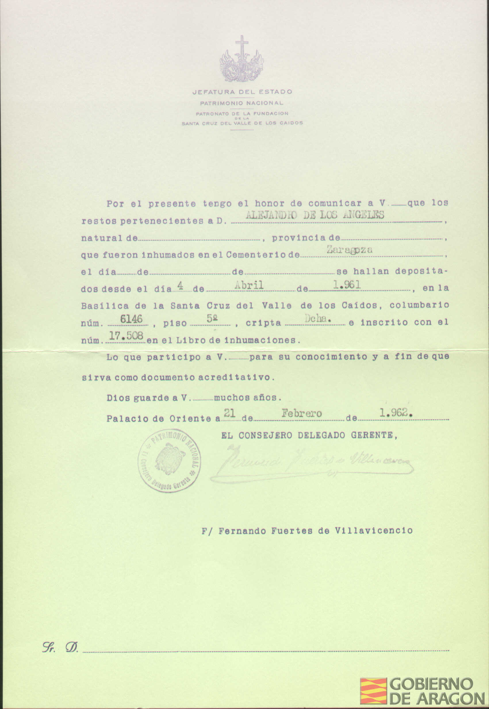 Traslado al Valle de los Caídos de los restos mortales de Alejandro de los Ángeles el día 4 de abril de 1961