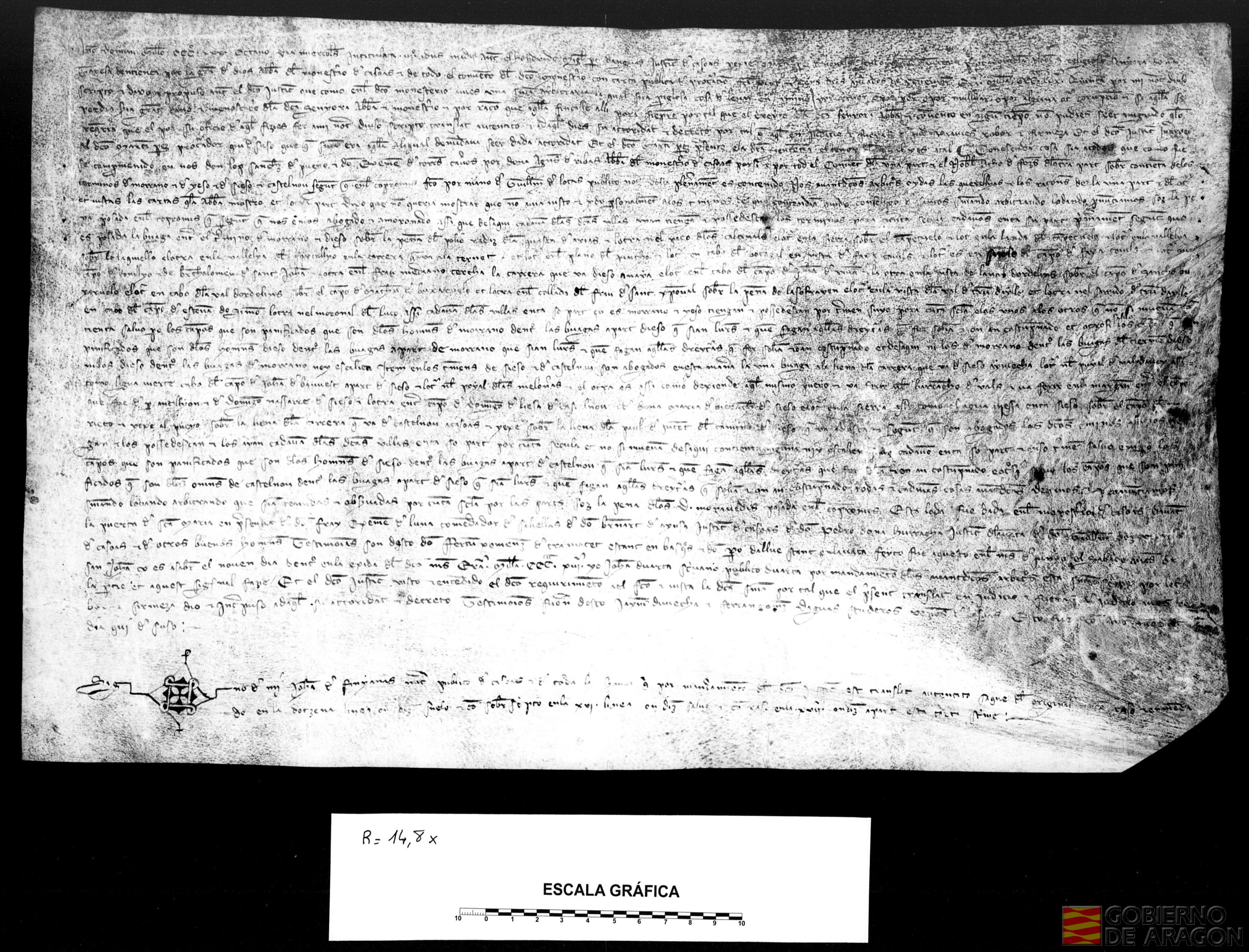 Sentencia arbitral en la causa existente entre el monasterio de Casbas y Ato de Foces sobre los términos de Sieso de Huesca, Yaso, Morrano y Castelnou