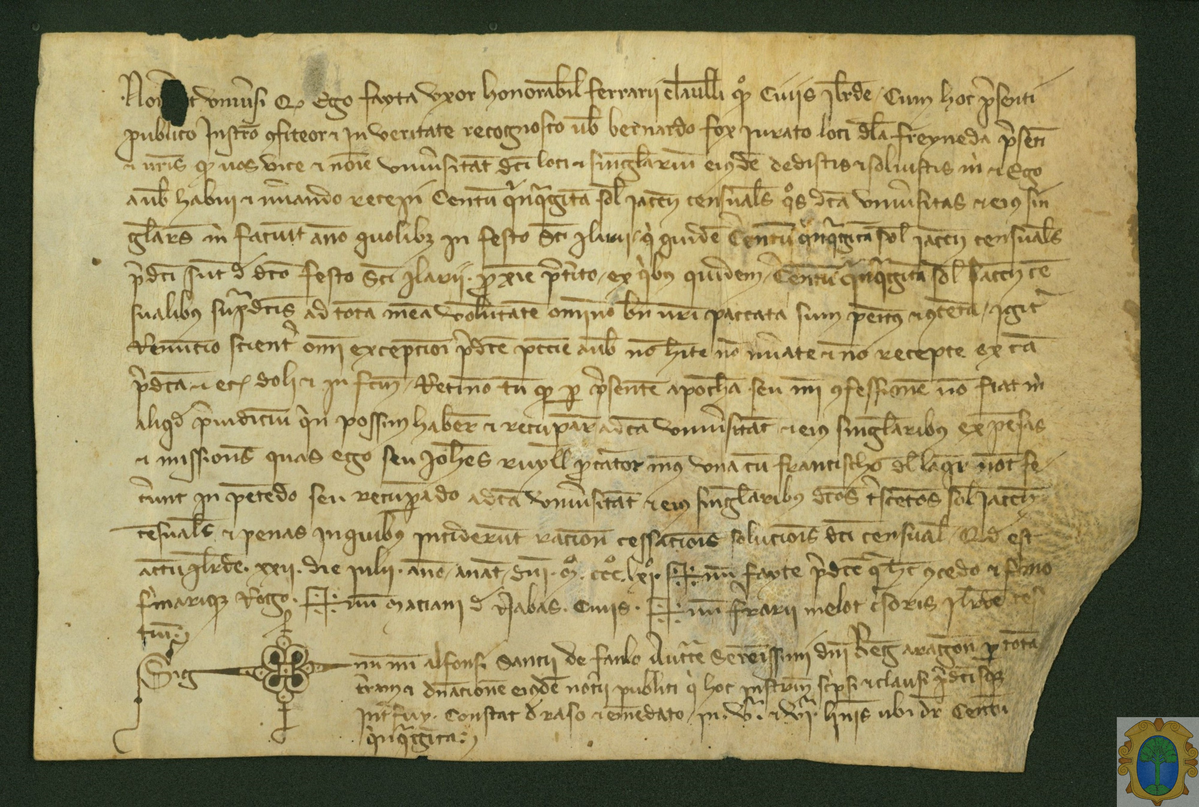 Ferrán Clavel, ciudadano de Lérida, reconoce el pago hecho por Bernat Fox, jurado de La Fresneda, en nombre de la Universidad de dicho lugar, del censo anual, pagadero el día de San Hilario, por valor de 150 sueldos jaqueses, quedando así saldada la deuda de 300 sueldos