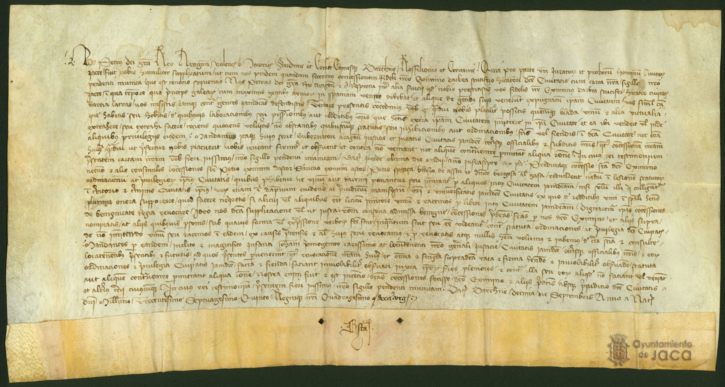 Pedro IV de Aragón, anula todos los privilegios anteriormente concedidos a ciertos señores de Jaca, acerca de la introducción de alimentos en esta ciudad para venderlos, sea cual sea el lugar de procedencia, porque va en contra de lo establecido en los es