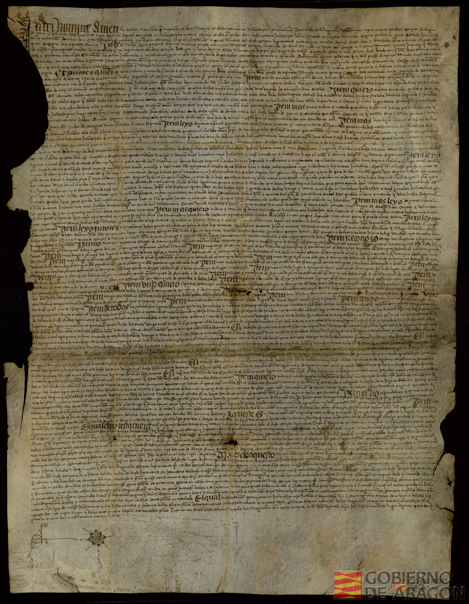 Acta notarial de la apertura del testamento de Lope Abarca, señor del lugar y de la honor de Gavín, redactado en Gavín el 22 de mayo de 1492. Nombra heredero de todos sus bienes, que relaciona, a Lope Abarca, hijo suyo y de su mujer, Juana de Lubie, bearnese hija de Gastón de Lubie