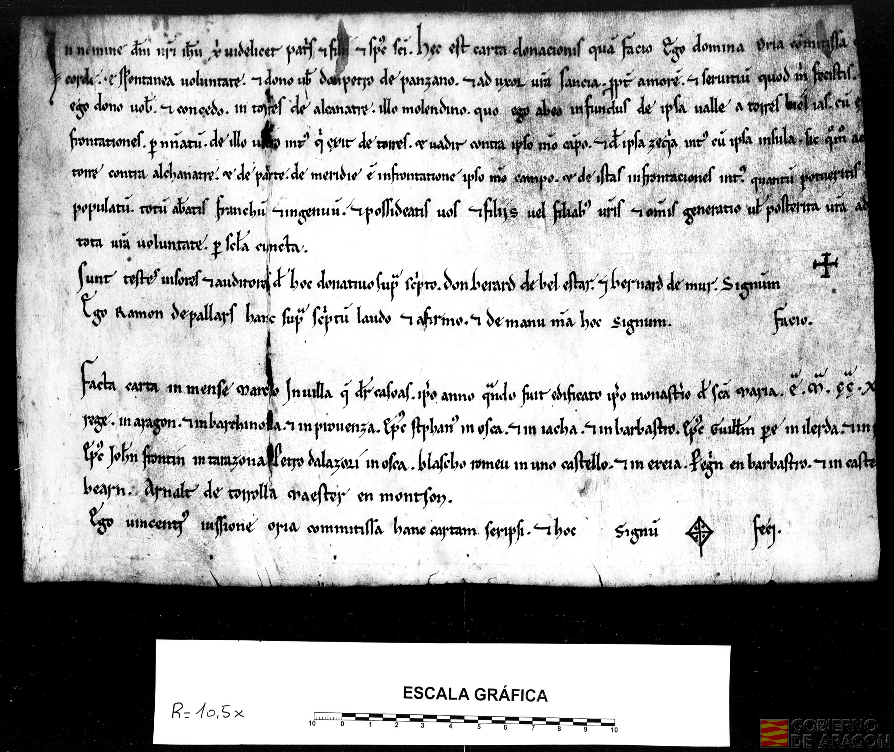 Oria, condesa de Pallars, dona a Pedro de Anzano un molino en Torres de Alcanadre.
