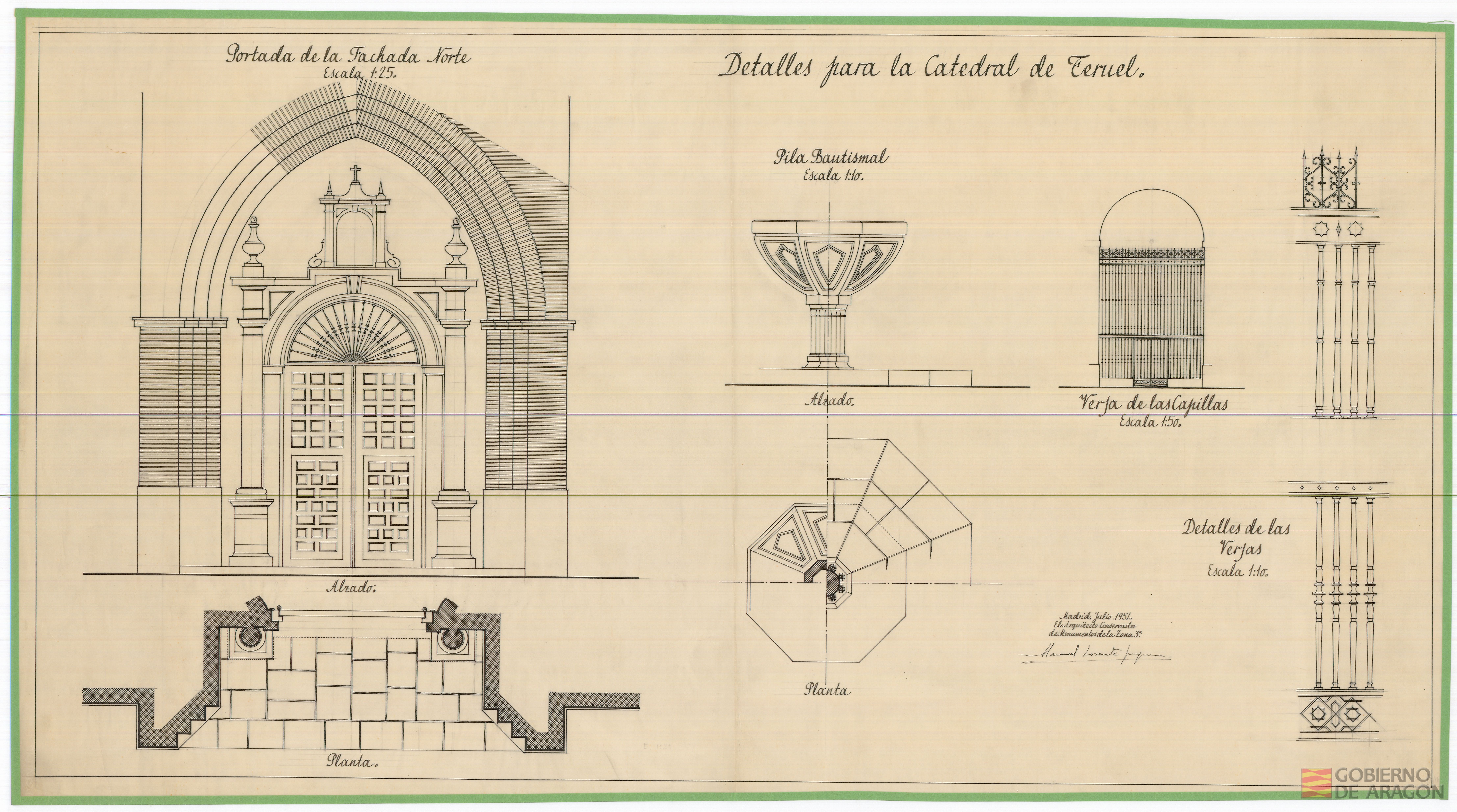 Detalles para la Catedral de Teruel. Portada. Pila bautismal. Verja de las capillas. Teruel