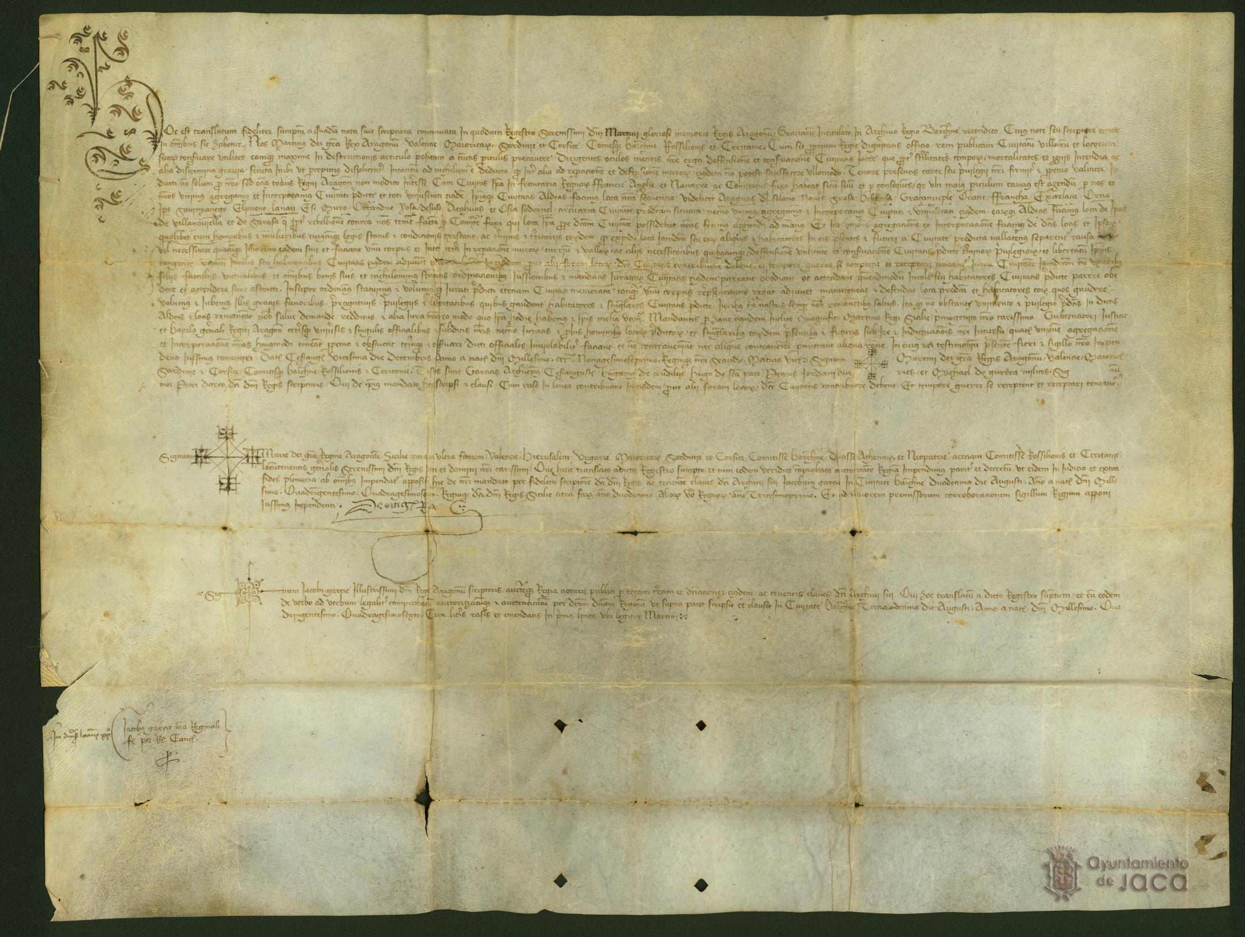 Martín I, rey de Aragón, concede a la ciudad de Jaca una serie de aldeas de los alrededores, para que pueda atender esa ciudad sus necesidades en la reparación de la muralla y la organización de la defensa como ciudad de frontera de modo que esas aldeas queden bajo su protección en caso de guerra. Las aldeas son: Araguas del Solano, Novés, Suesa, Bescansa, Gracionepel, Orante, Frauca, Esa, Orna de Gállego, Ipe, Sabiñanigo, El puente de sabiñanigo, Lanave, Esci, Muro, Orzandue, Yosa de Broto, Aragües del Puerto, Osia, Sodoruel, Ipas, Villanovilla, Sarasa