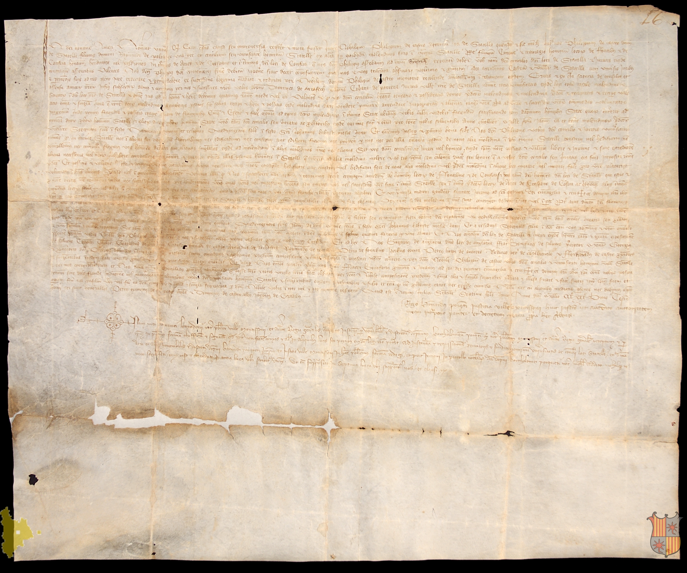 Capitulación dada entre Felipe de Castro, Señor de Estadilla, y el Concejo y universidad de Estadilla sobre los molinos sitos en dicho lugar, traspasando el señor al concejo la propiedad de dichos molinos, con derecho a hacer la acequia y tomar el agua del río Esera, a cambio de un pago anual