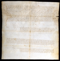 Garcia de Sanvicient, prior de la Cofradia de Santa Lucia de la ciudad de Barbastro, vende a Pedro Eximenez de Santpietro, sabio en derecho habitante en Barbastro, un patio sito cerca del rio de Riancho por 50 sueldos jaqueses