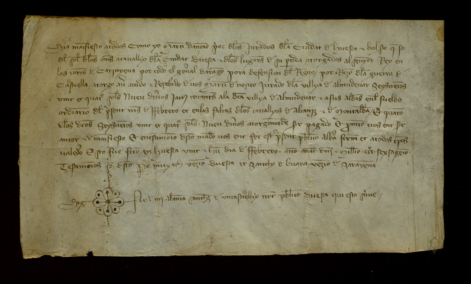 Martín de Anzano, prior de los jurados de Huesca y procurador de los hombres a caballo de Huesca en el subsidio aprobado por el reino de Aragón en las últimas cortes de Cariñena para la Guerra de Castilla, reconoce haber recibido de la villa de Almudévar la cantidad de 624 sueldos jaqueses y 9 dineros que le correspondían