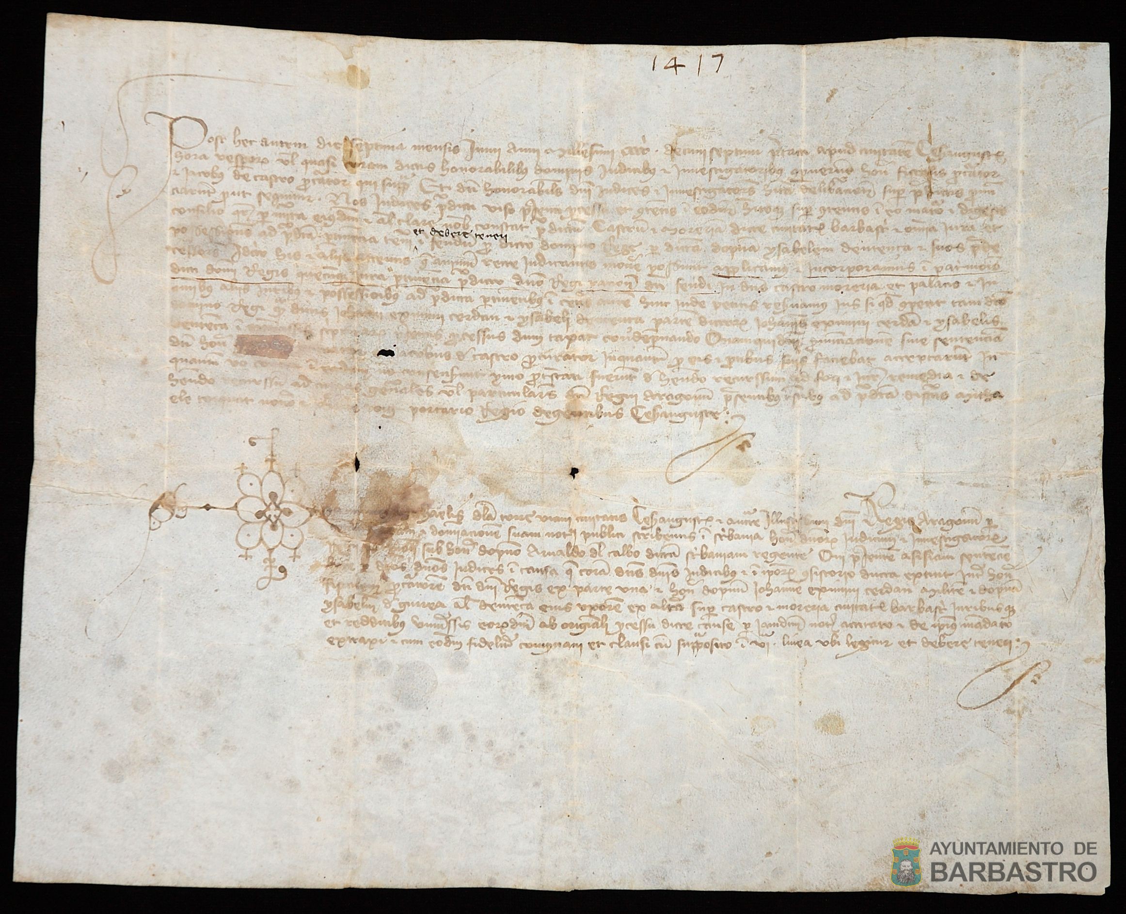 Sentencia de incorporación al patrimonio real del castillo, palacio y morería de la ciudad de Barbastro pertenecientes a Isabel de Entenza