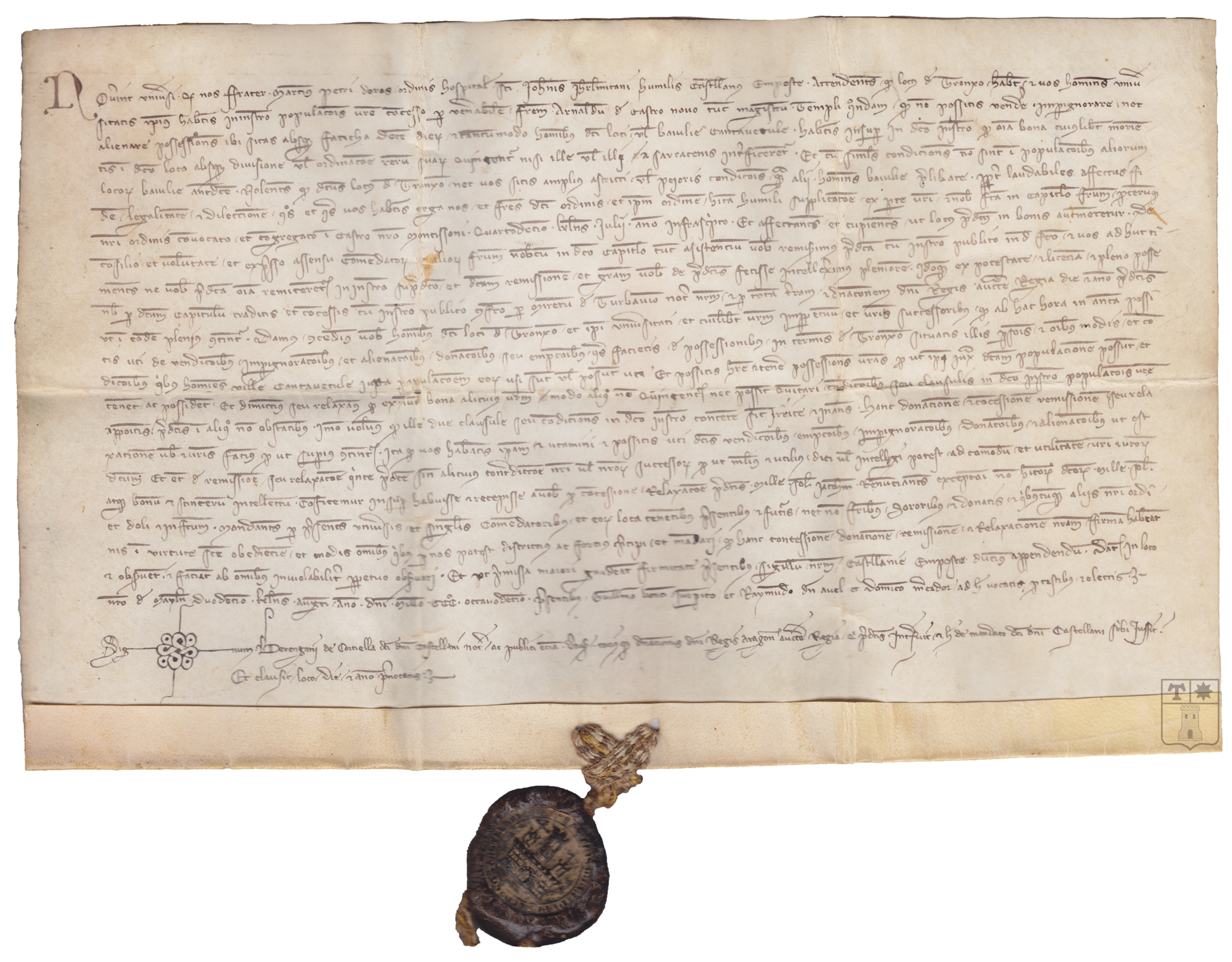 Privilegio de Martín Pérez de Oros, castellán de Amposta de la orden de San Juan de Jerusalén, relativo a algunas cláusulas de la carta de población concedida por Arnaldo de Castellnou, maestro del Temple a Tronchón