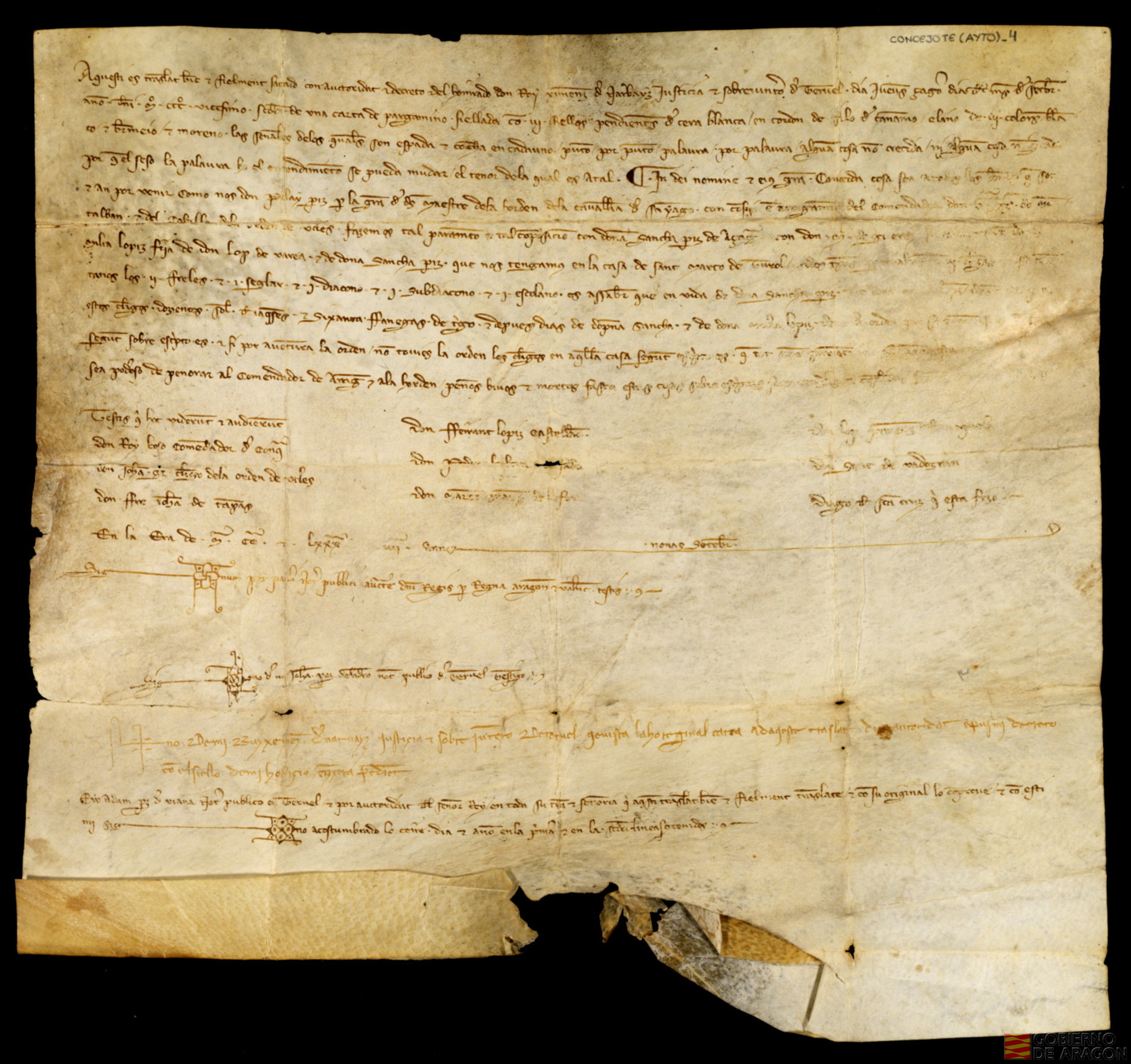 Acuerdo firmado entre doña Sancha Pérez de Azagra y otros particulares y la Orden de Santiago para sostenimiento de tres clérigos y acólitos en la iglesia de San Marcos de Teruel