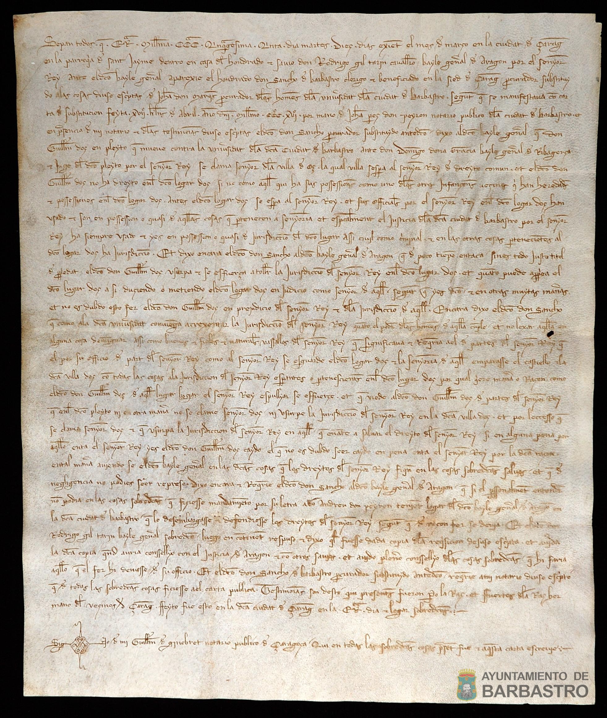 Recuesta hecha al Baile General de Aragón por el Concejo de Barbastro sobre jurisdicción en el lugar de Hoz debida al pleito interpuesto por Guillermo de Hoz contra la ciudad ante el Baile General de Ribagorza