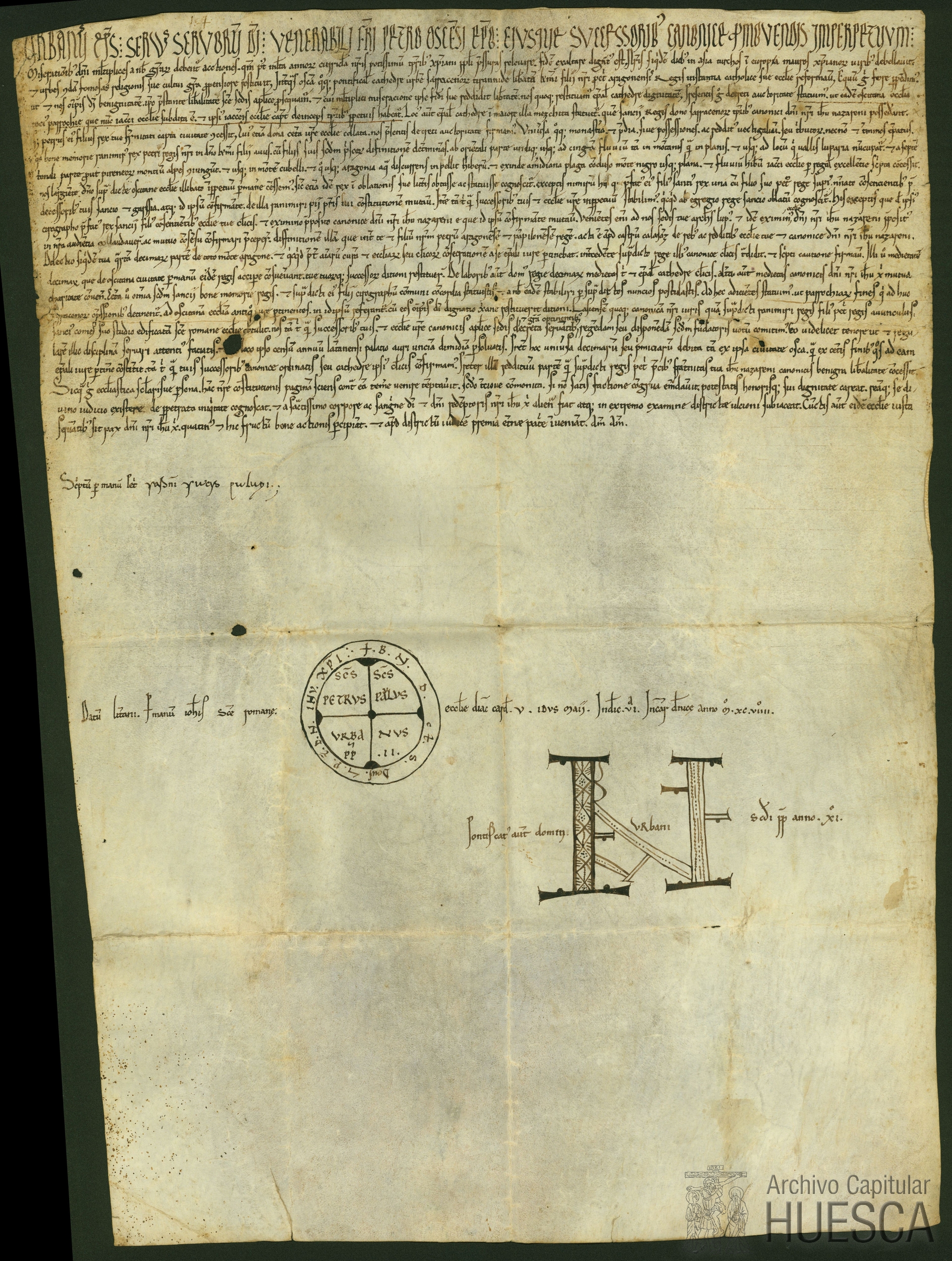 El papa Urbano II establece que la iglesia de Jaca y su diócesis dependan en delante de la de Huesca, confirma la donación de la mezquita para catedral, hecha por Pedro I, y el convenio sobre la precepción de los diezmos de Huesca entre el obispo Pedro y Jimeno, prepósito de Montearagón, y encomienda el régimen de la canónica de Lasieso al obispo y canónigos oscenses
