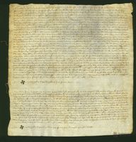 Domingo de Aunes, prior de la cofradía de San Felipe y San Jaime, y los mayorales de ésta, venden a Juan de Pardinilla, vecino de Jaca, unas casas en la villa de Banaguás con todas sus posesiones y libertades
