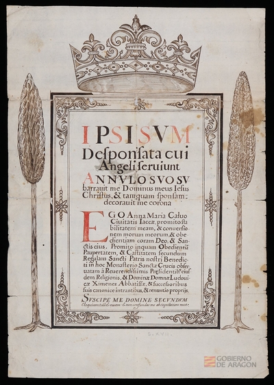 Carta de profesión de Ana María Calvo, de la ciudad de Jaca, en el monasterio de Santa Cruz de Jaca