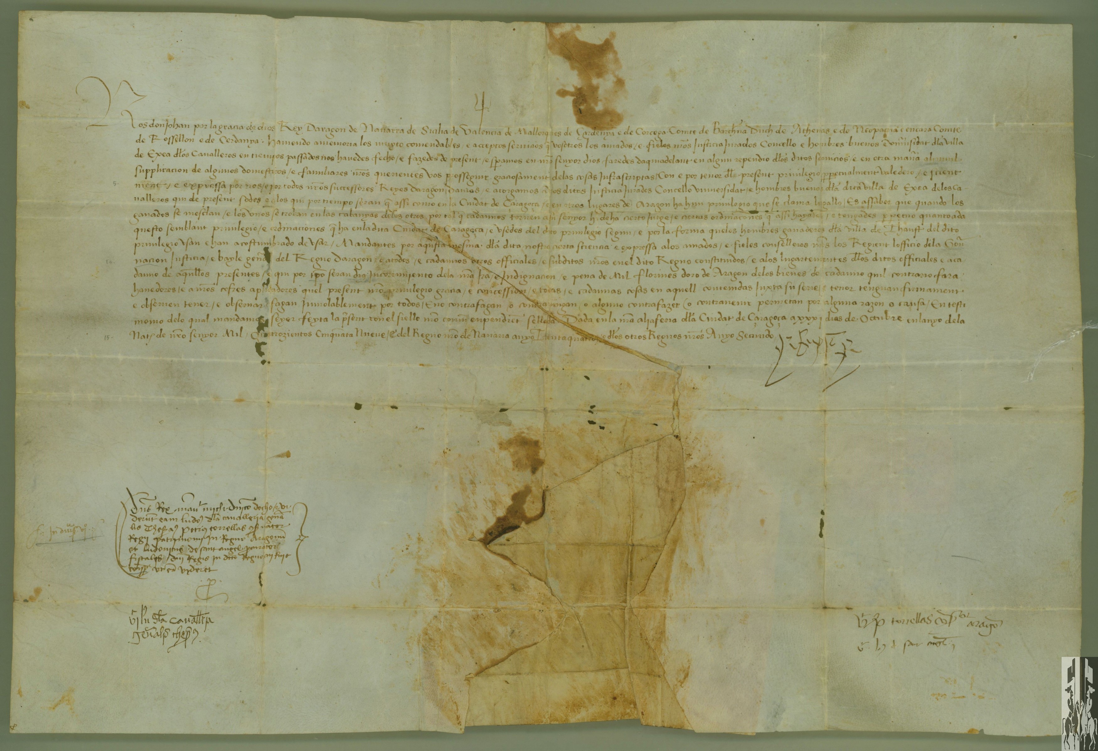 Juan II, rey de Aragón, concede a la villa de Ejea el privilegio del Ligallo, tal como lo tienen y disfrutan Zaragoza y otros lugares del reino