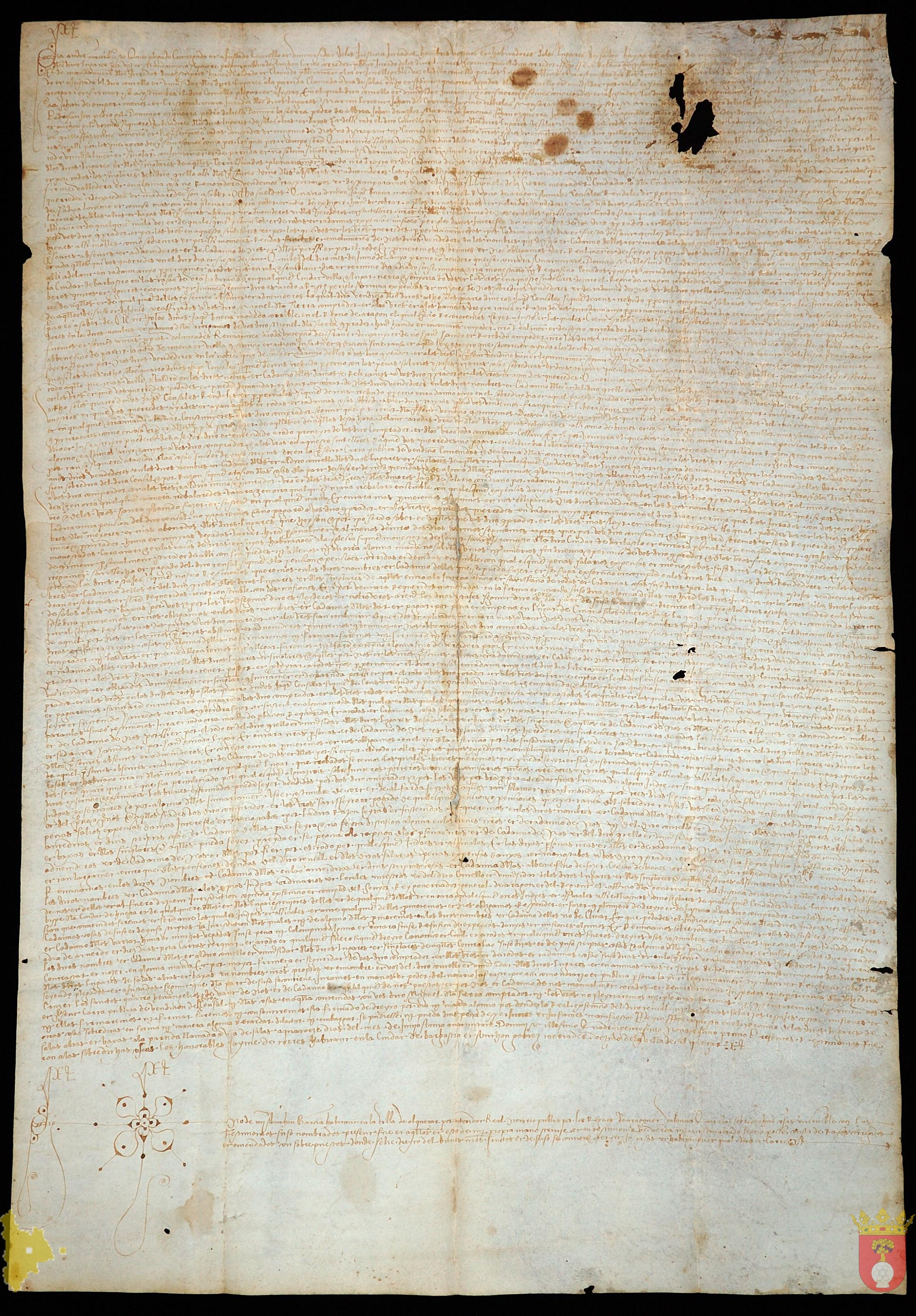 Venta de un Censal de 100 sueldos jaqueses de propiedad con 8 sueldos y 4 dineros jaqueses de renta anual a Miguel de la Sierra, mercader de Barbastro, otorgada por el Concejo de Salas Altas y Bajas